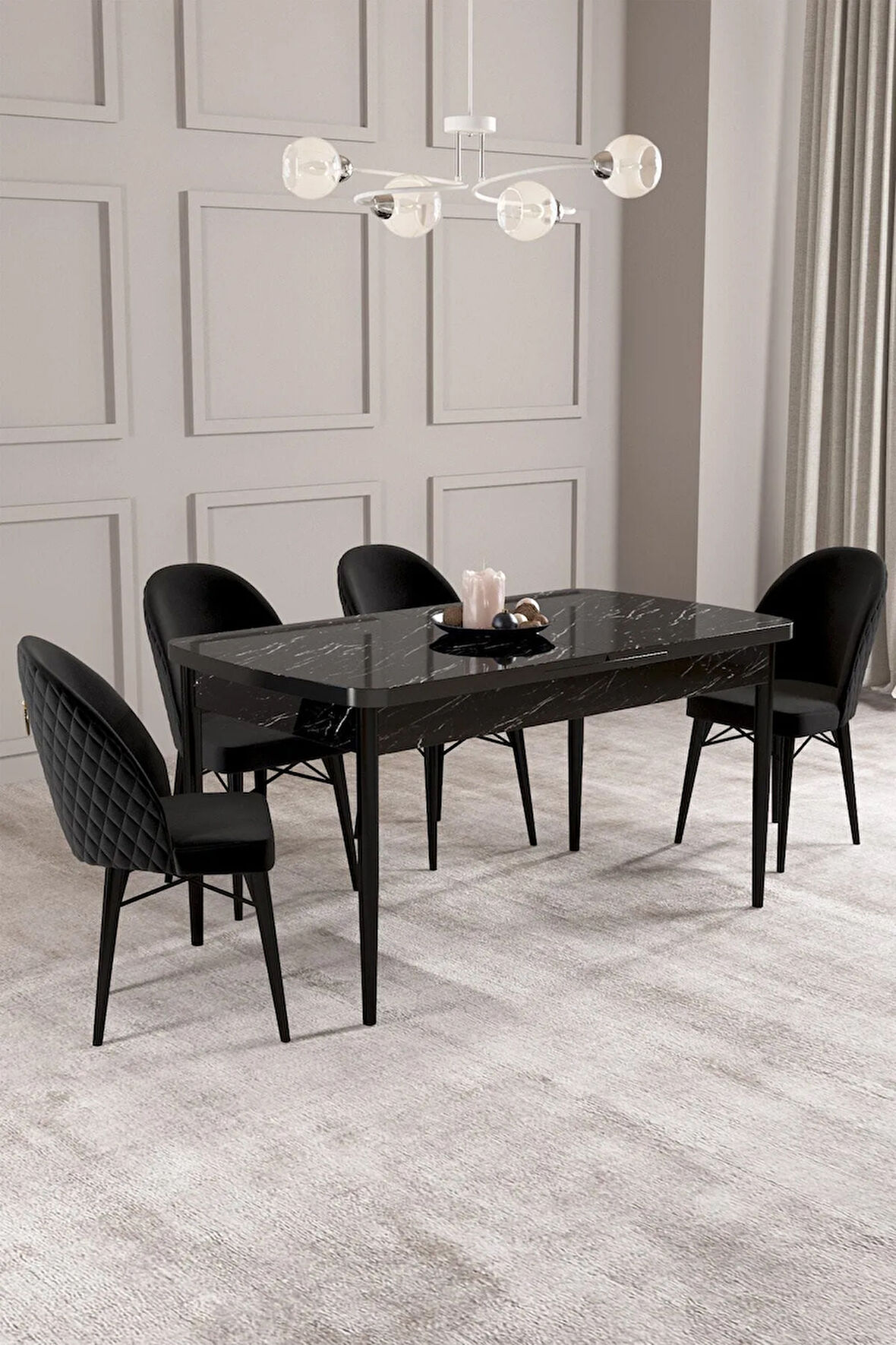 Arya Siyah Mermer Desen 80x132 MDF Açılabilir Yemek Masası Takımı 4  Sandalye
