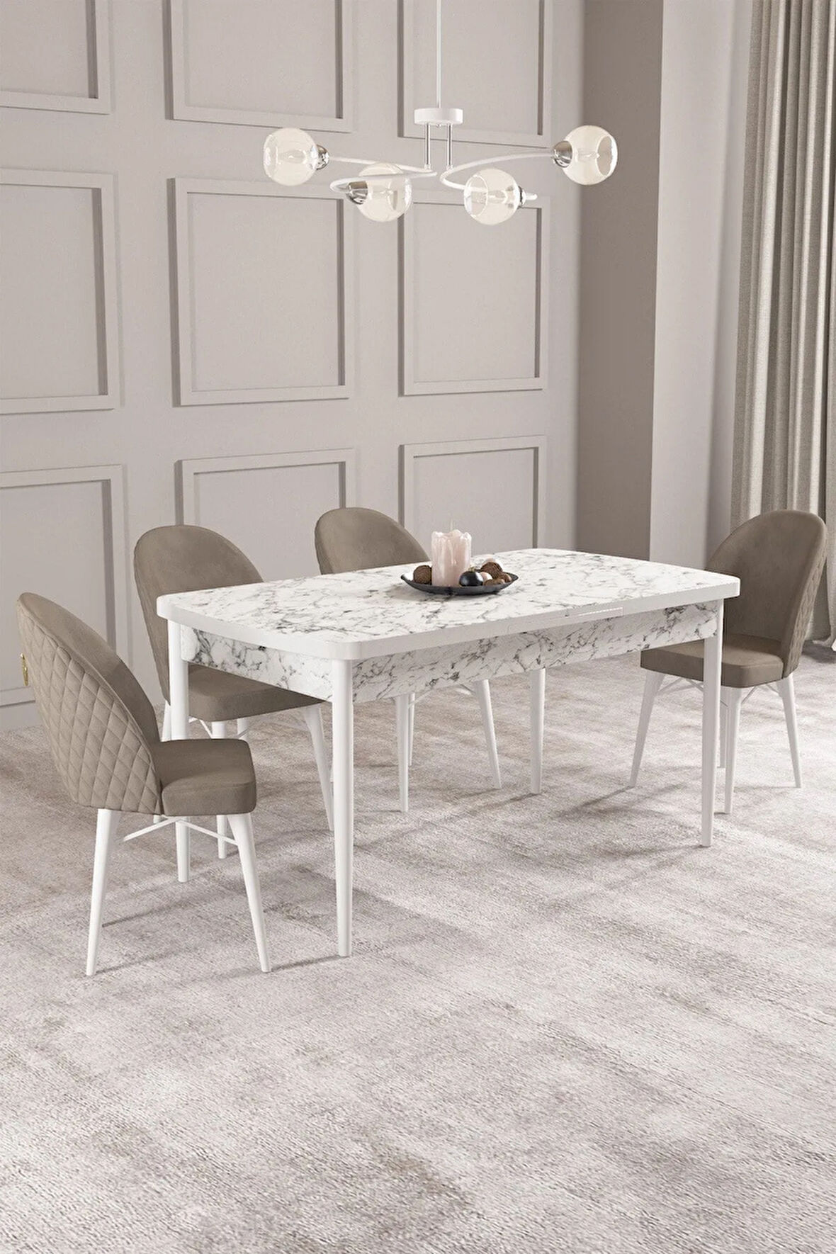 Ashira MDF Beyaz Açılabilir 80x132 Cm 4 Sandalyeli Mutfak Masası Takımı