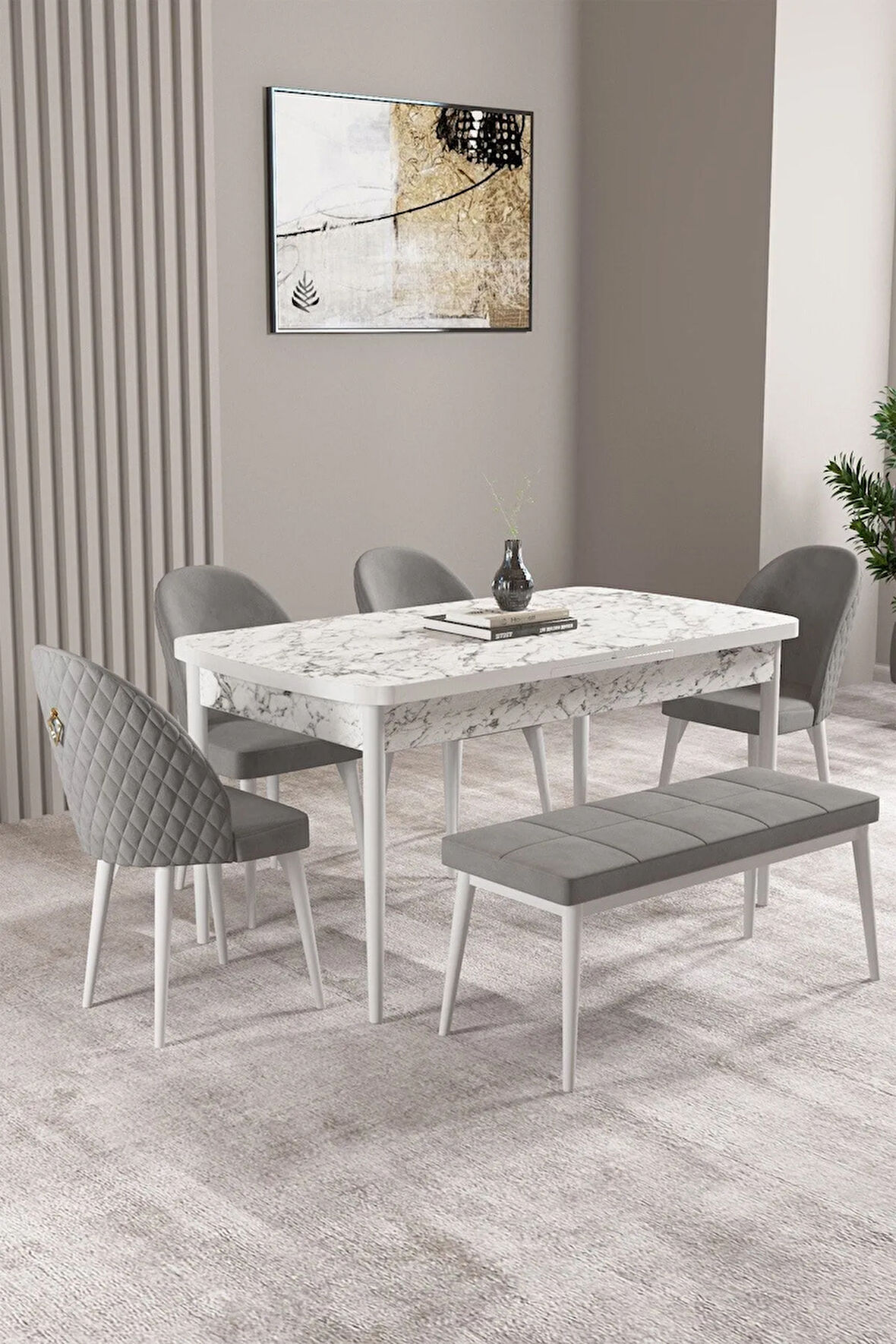 Ashira MDF Siyah Mermer Desen Açılabilir 80x132 Cm 4 Sandalyeli Mutfak Masası Takımı