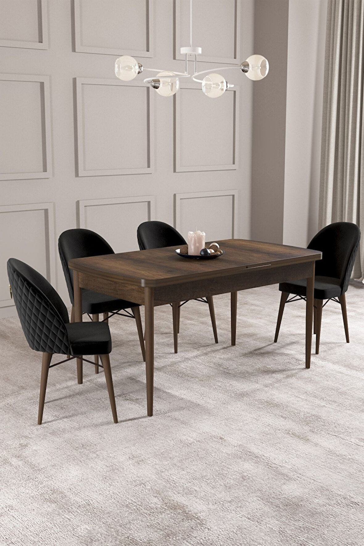 Calvin Barok Desen 80x132 Açılabilir Mdf Masa Yemek Odası Takımı, Mutfak Takımı 4 Adet Sandalye