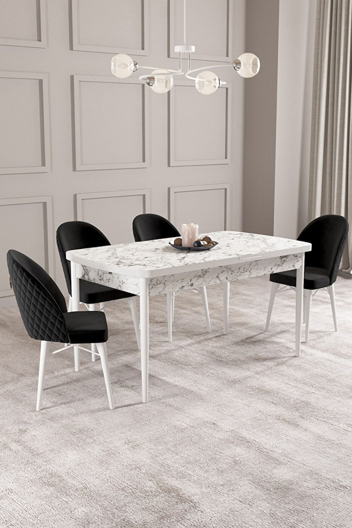 Calvin Beyaz Mermer 80x132 Açılabilir Mdf Masa Yemek Odası Takımı, Mutfak Takımı 4 Adet Sandalye