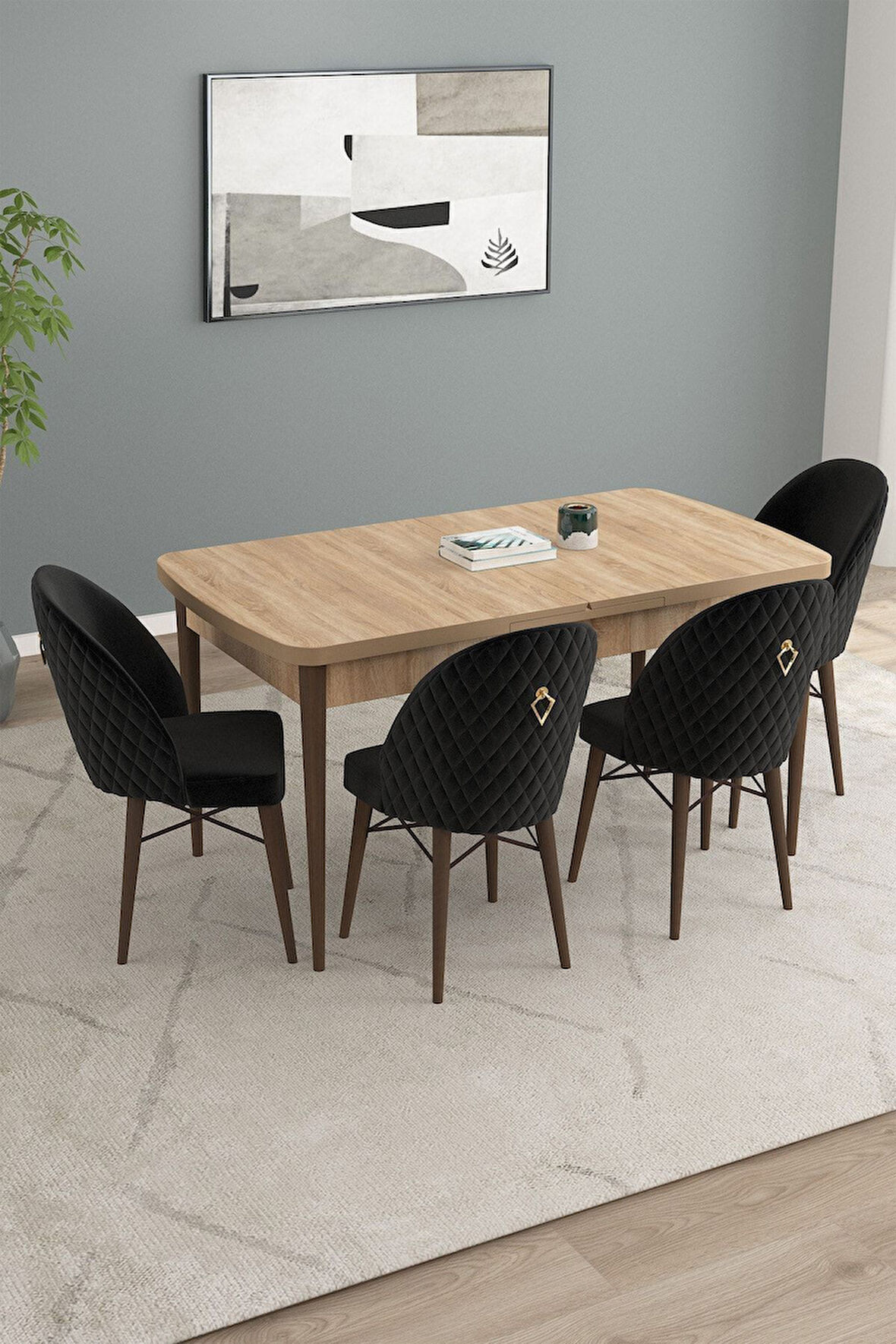 Calvin Meşe Desen 80x132 Açılabilir Mdf Masa Yemek Odası Takımı, Mutfak Takımı 4 Adet Sandalye