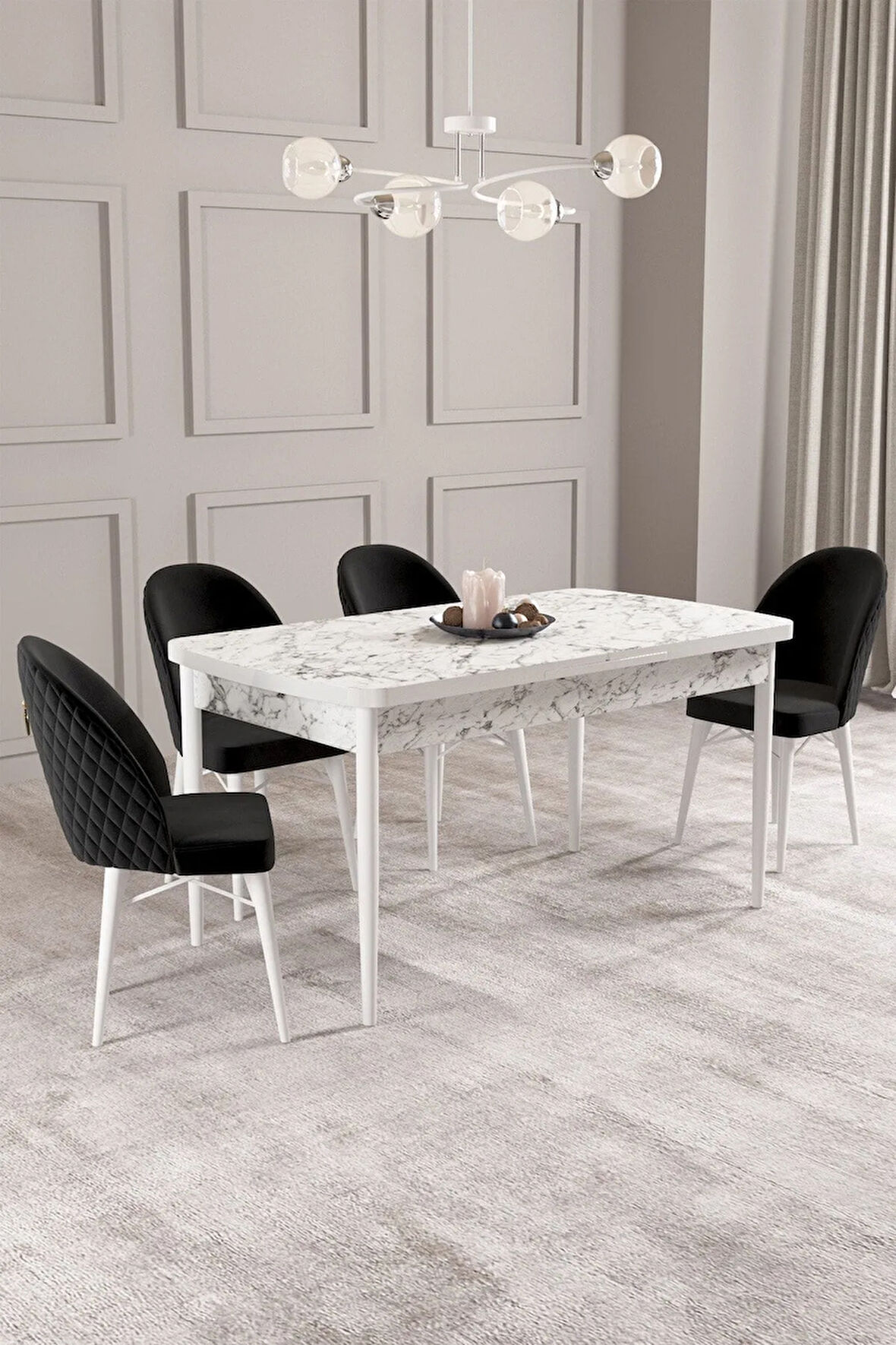 Calvin Beyaz Mermer Desen 80x132 MDF Açılabilir Mutfak Masası Takımı 4  Sandalye