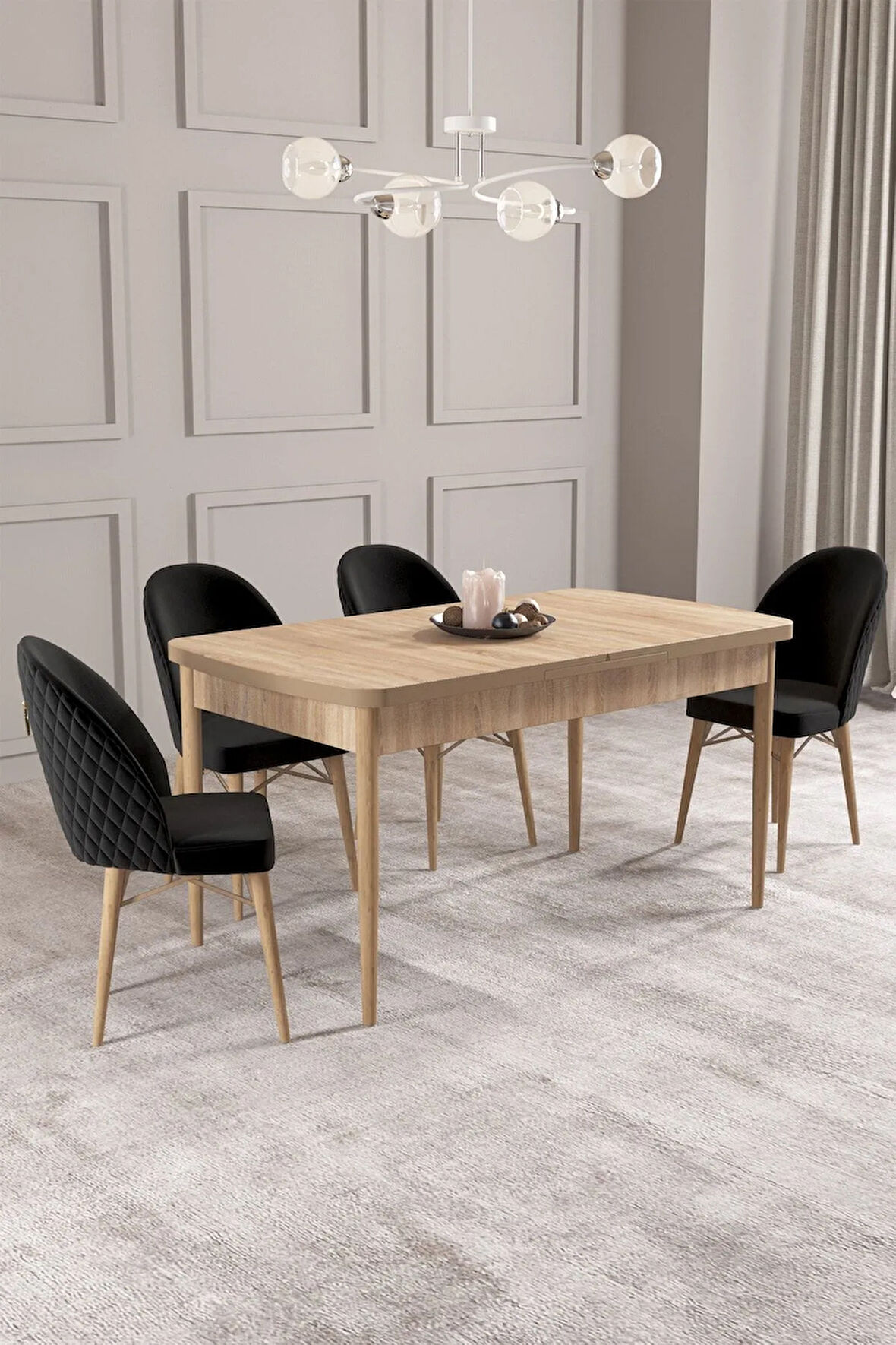Calvin Meşe Desen 80x132 MDF Açılabilir Mutfak Masası Takımı 4  Sandalye