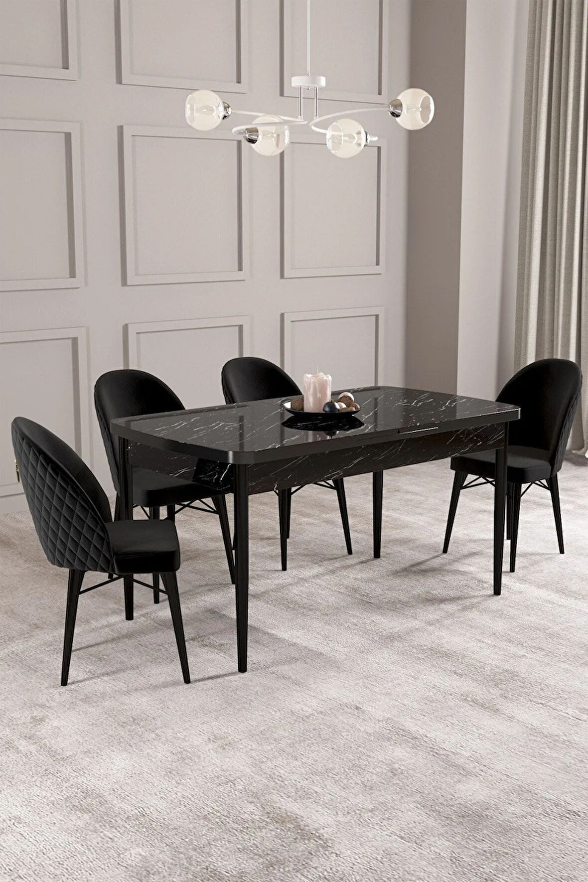 Calvin Siyah Mermer Desen 80x132 MDF Açılabilir Mutfak Masası Takımı 4  Sandalye