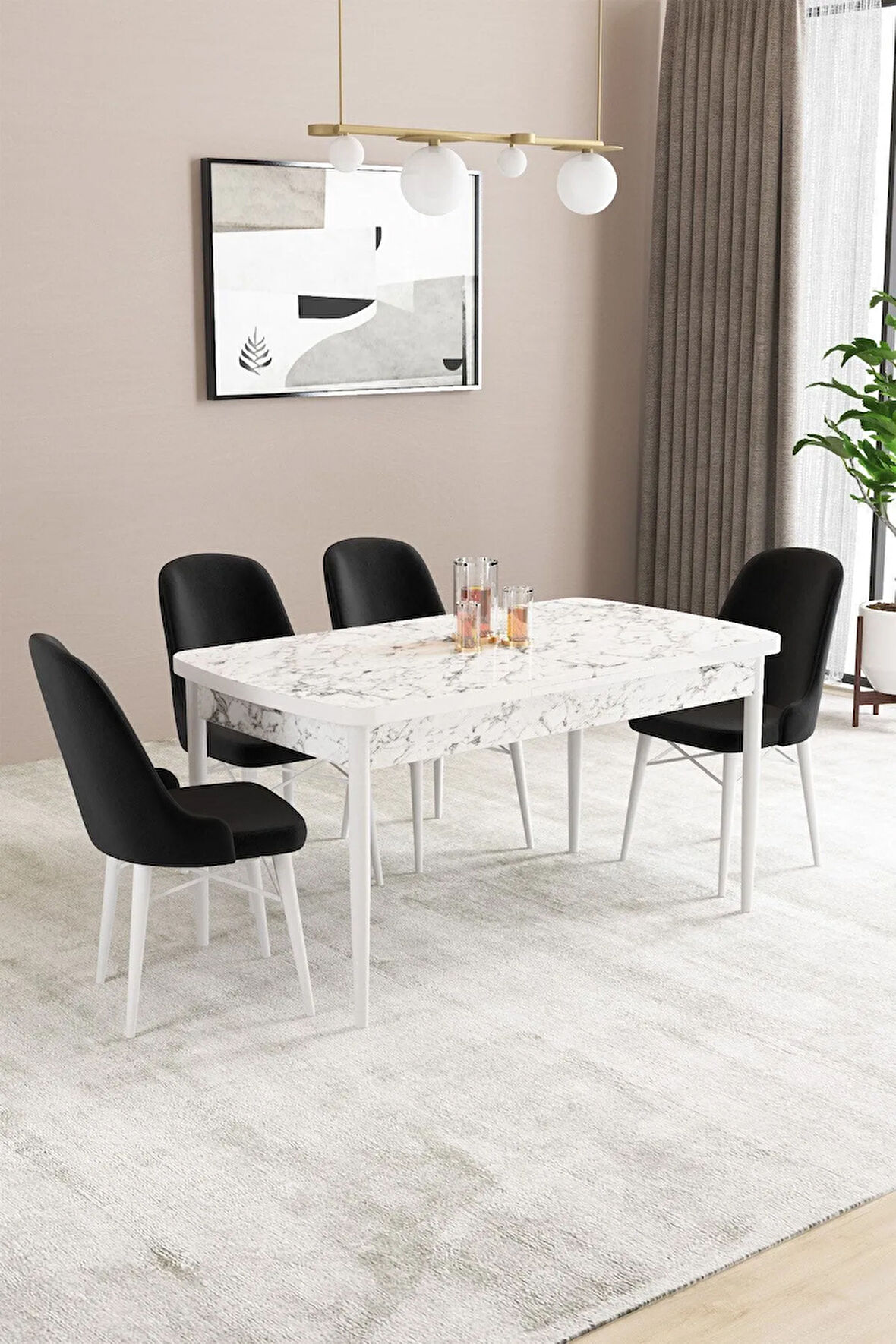 Fonza Beyaz Mermer Desen MDF 80x132 MDF Açılabilir Mutfak Masası Takımı 4  Sandalye
