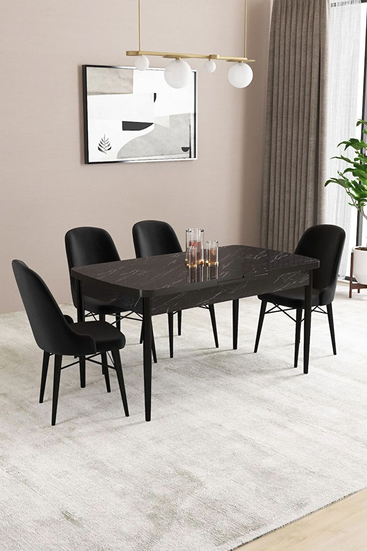Fonza Siyah Mermer Desen 80x132 MDF Açılabilir Mutfak Masası Takımı 4  Sandalye