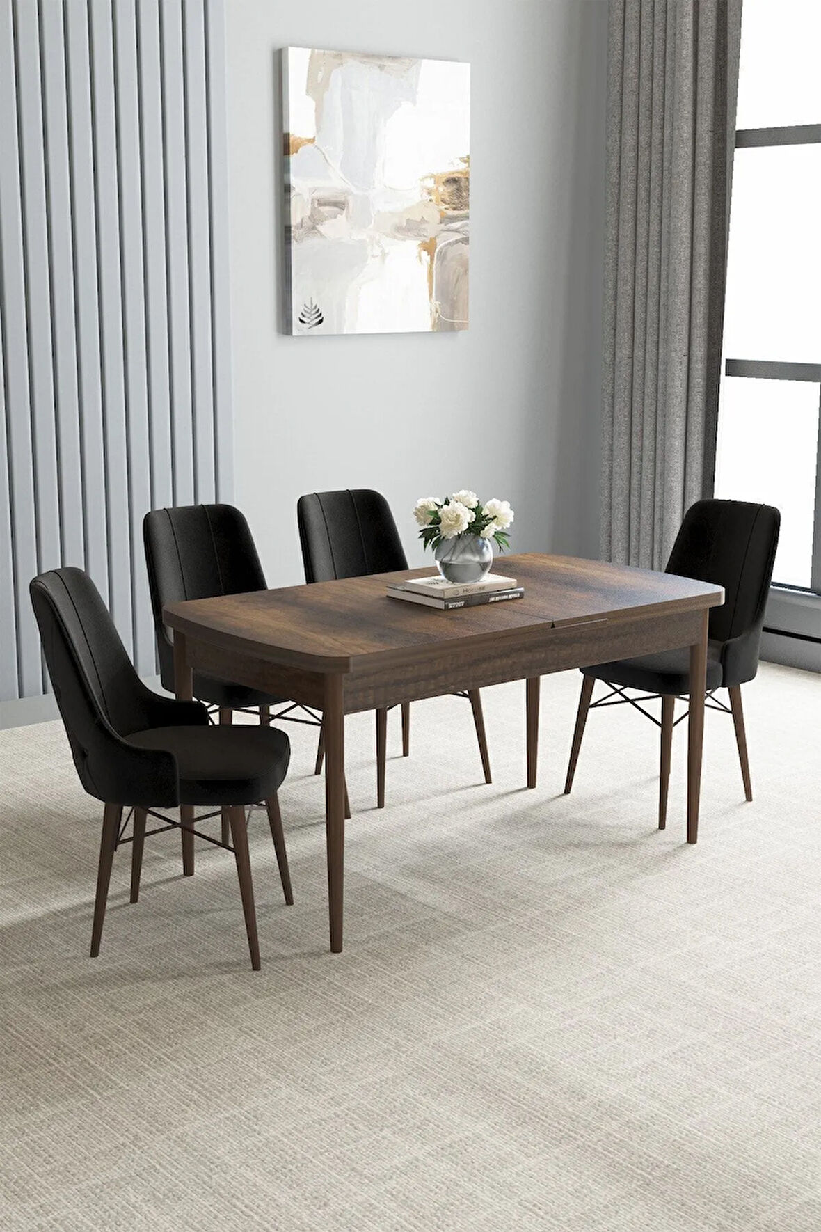 Jusie Barok Desen 80x132 Açılabilir Mutfak Masası Takımı 4  Sandalye