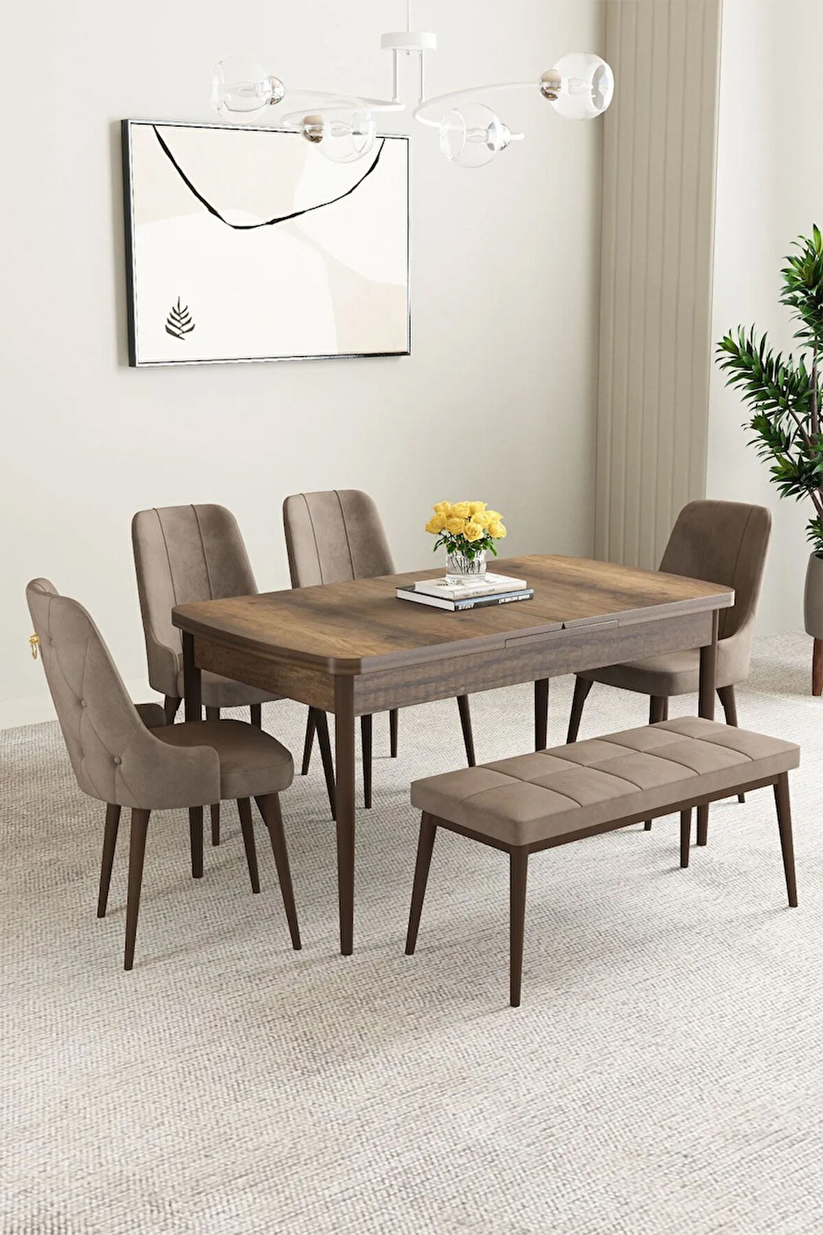 Jusie Meşe Desen 80x132 Açılabilir Mutfak Masası Takımı 4  Sandalye
