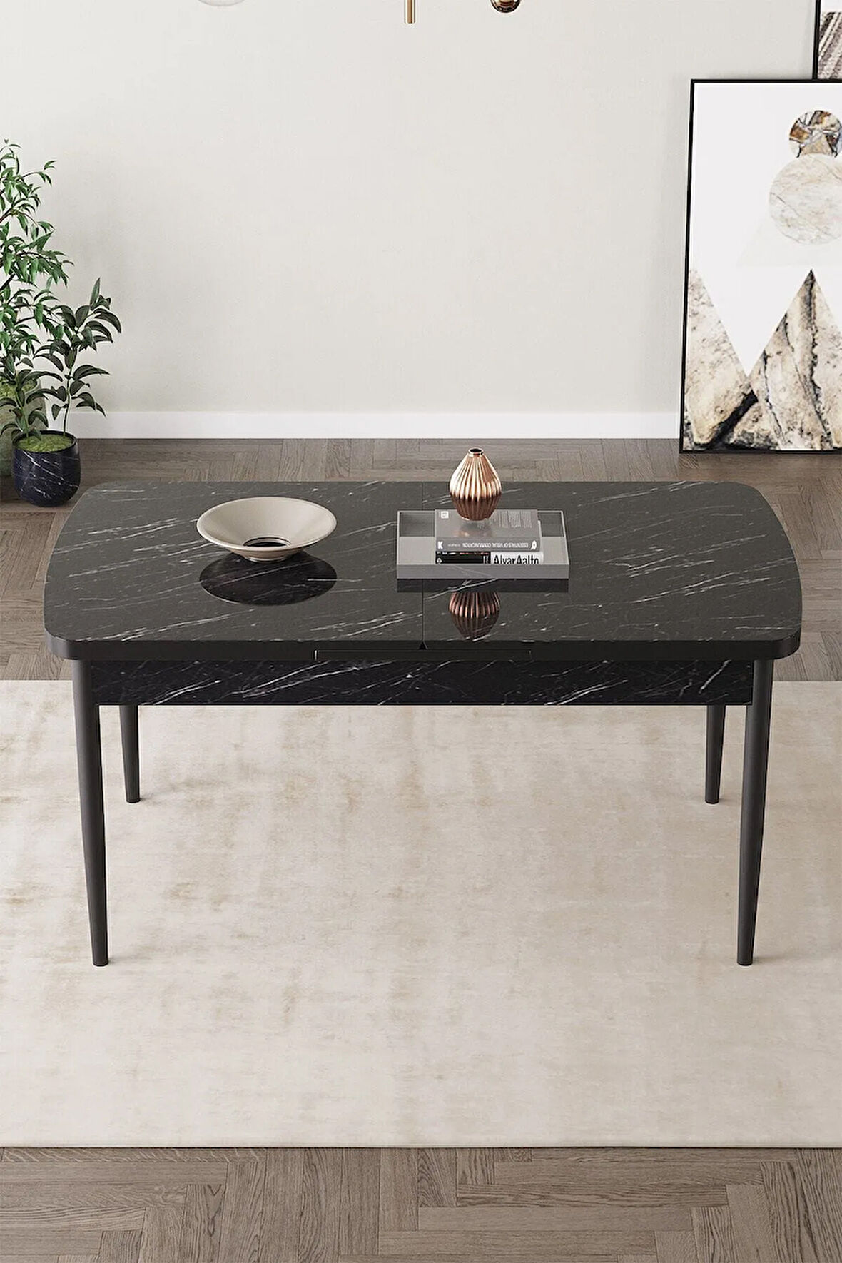 Lima Siyah Mermer Desen 80x132 MDF Açılabilir Mutfak Masası Takımı 4  Sandalye
