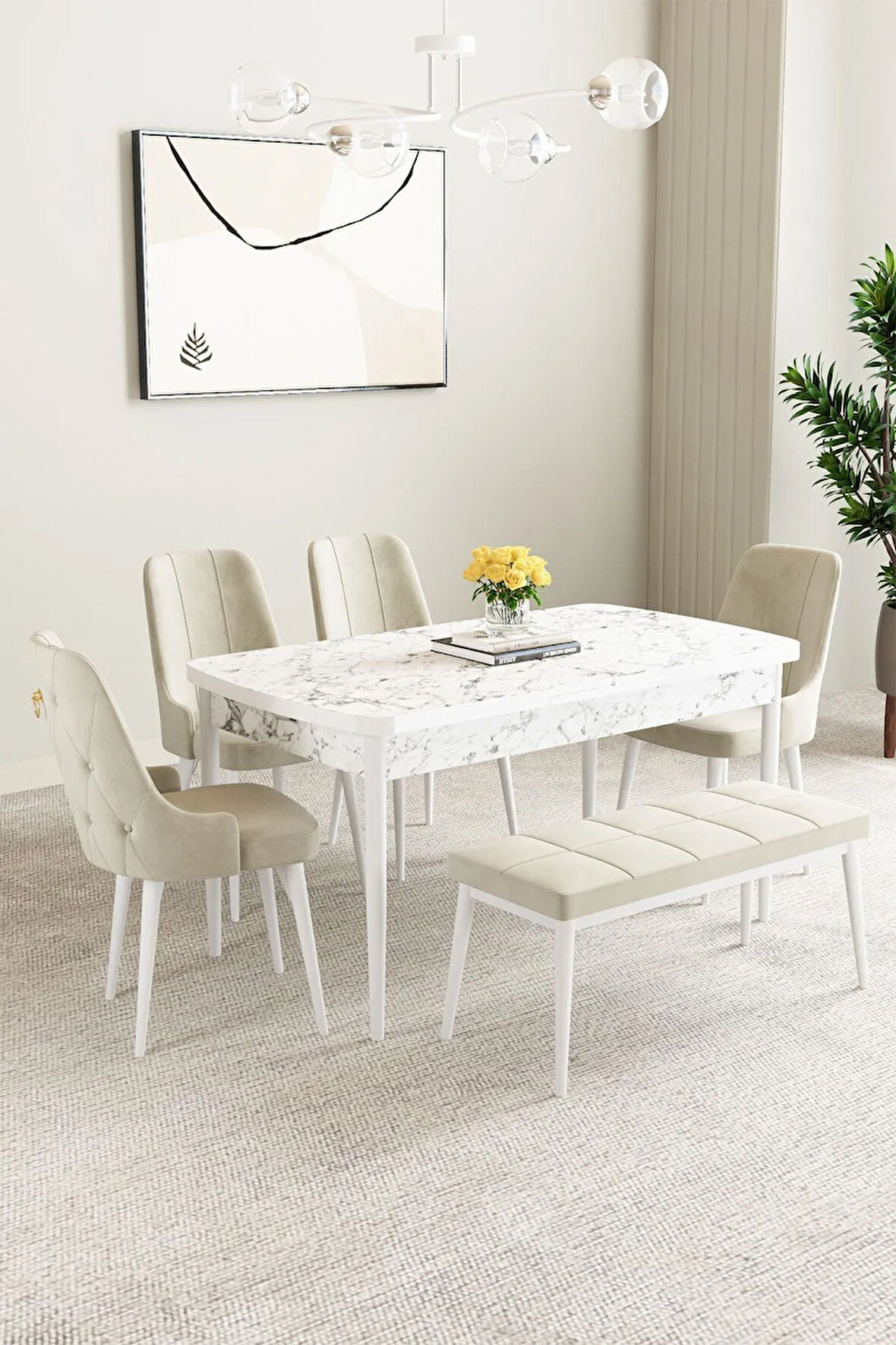 Jusie Barok Desen 80x132 Açılabilir Yemek Odası Takımı 4  Sandalye