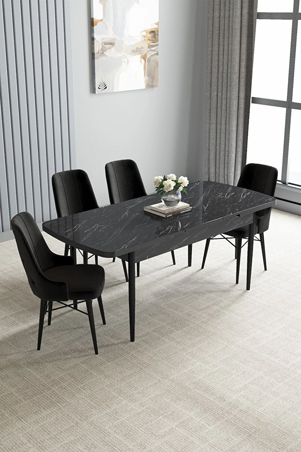 Arvela Siyah Mermer Desen 80x132 MDF Açılabilir Mutfak Masası Takımı 4  Sandalye