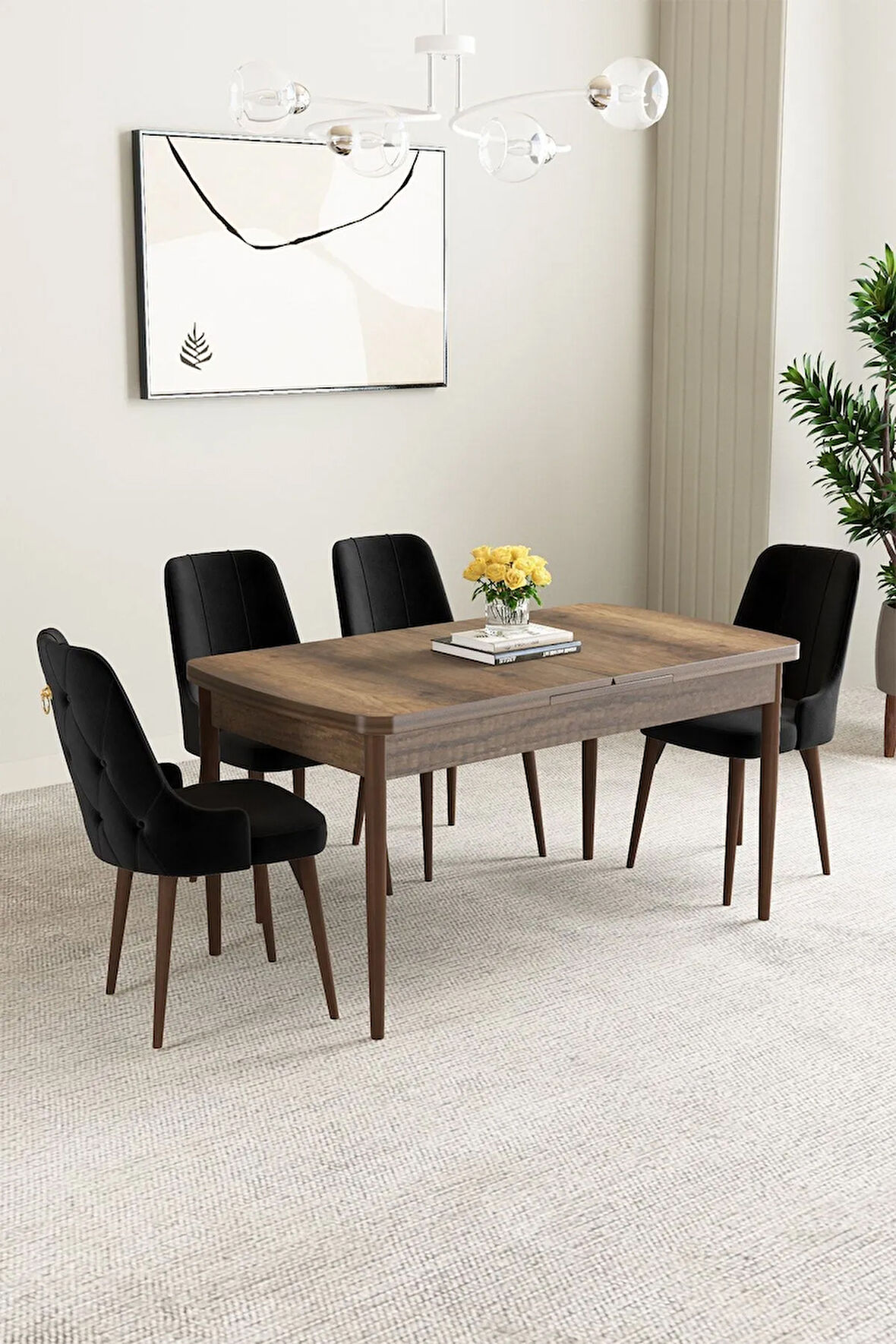 Mabel Barok Desen 80x132 MDF Açılabilir Mutfak Masası Takımı 4  Sandalye