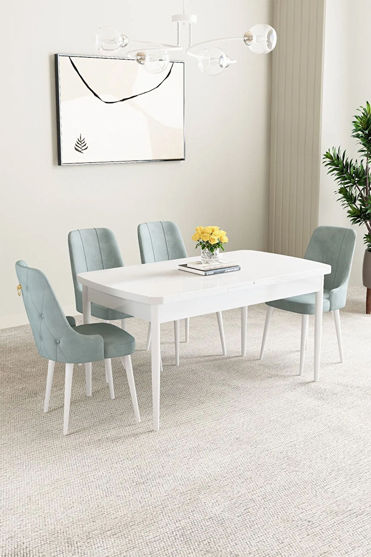 Mabel Beyaz 80x132 Açılabilir Yemek Odası Takımı 4  Sandalye
