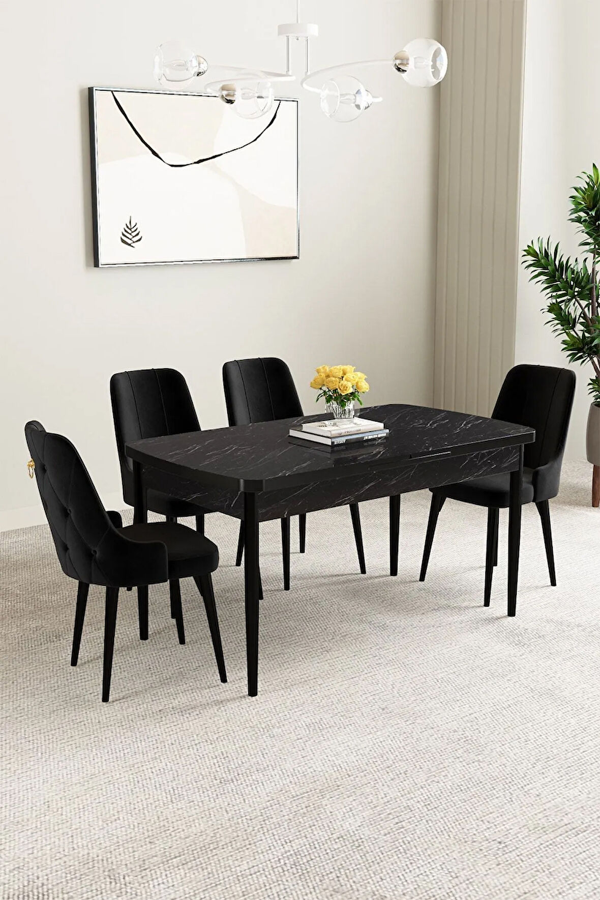 Mabel Siyah Mermer Desen 80x132 MDF Açılabilir Mutfak Masası Takımı 4  Sandalye