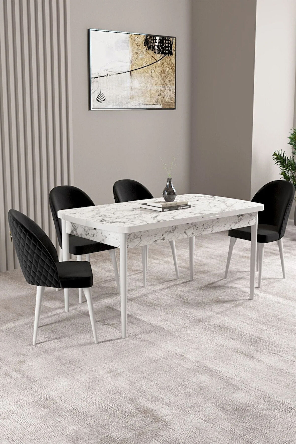 Milas Beyaz Mermer Desen 80x132 MDF Açılabilir Mutfak Masası Takımı 4  Sandalye