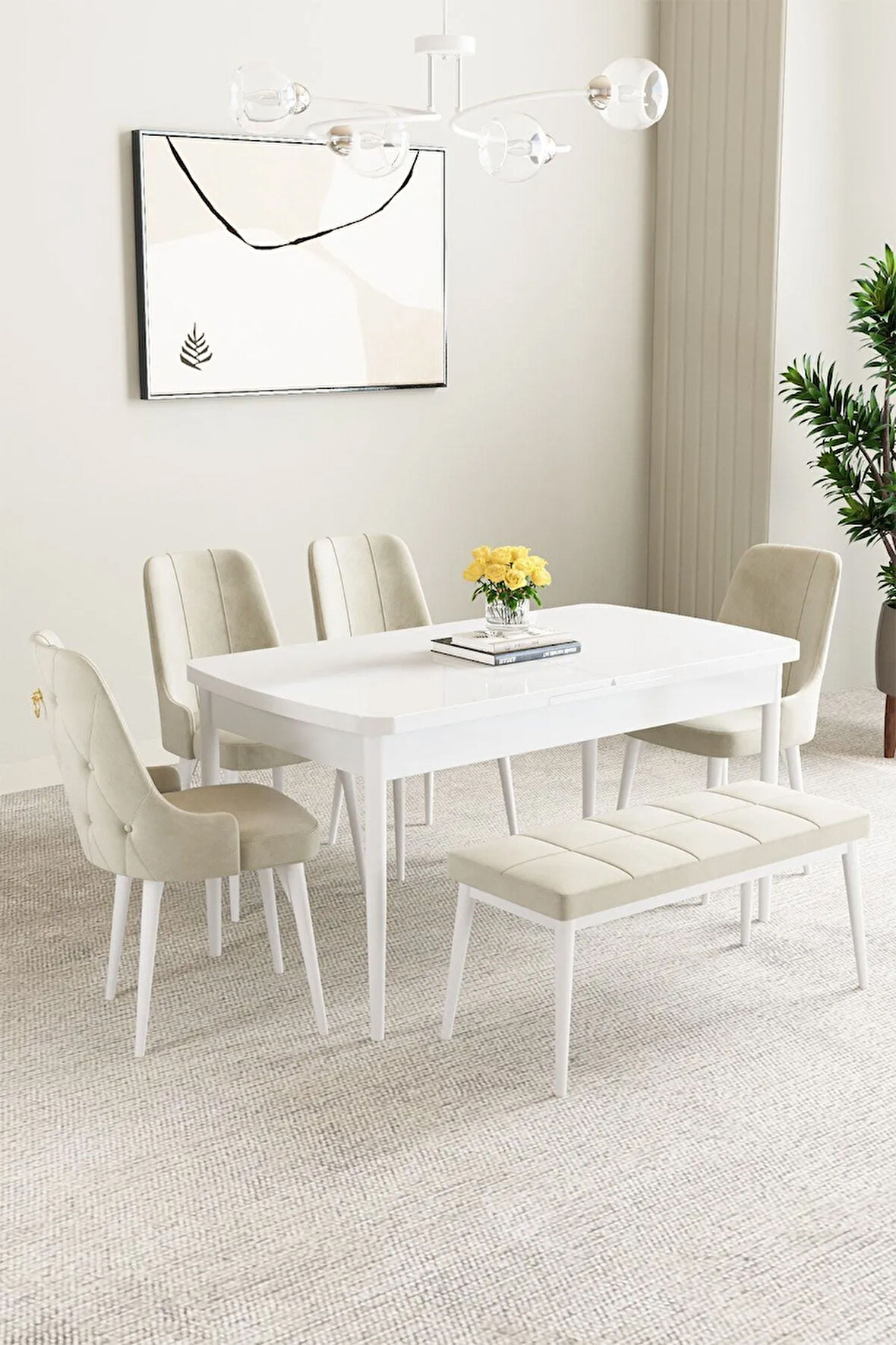 Milas Beyaz 80x132 MDF Açılabilir Mutfak Masası Takımı 4  Sandalye