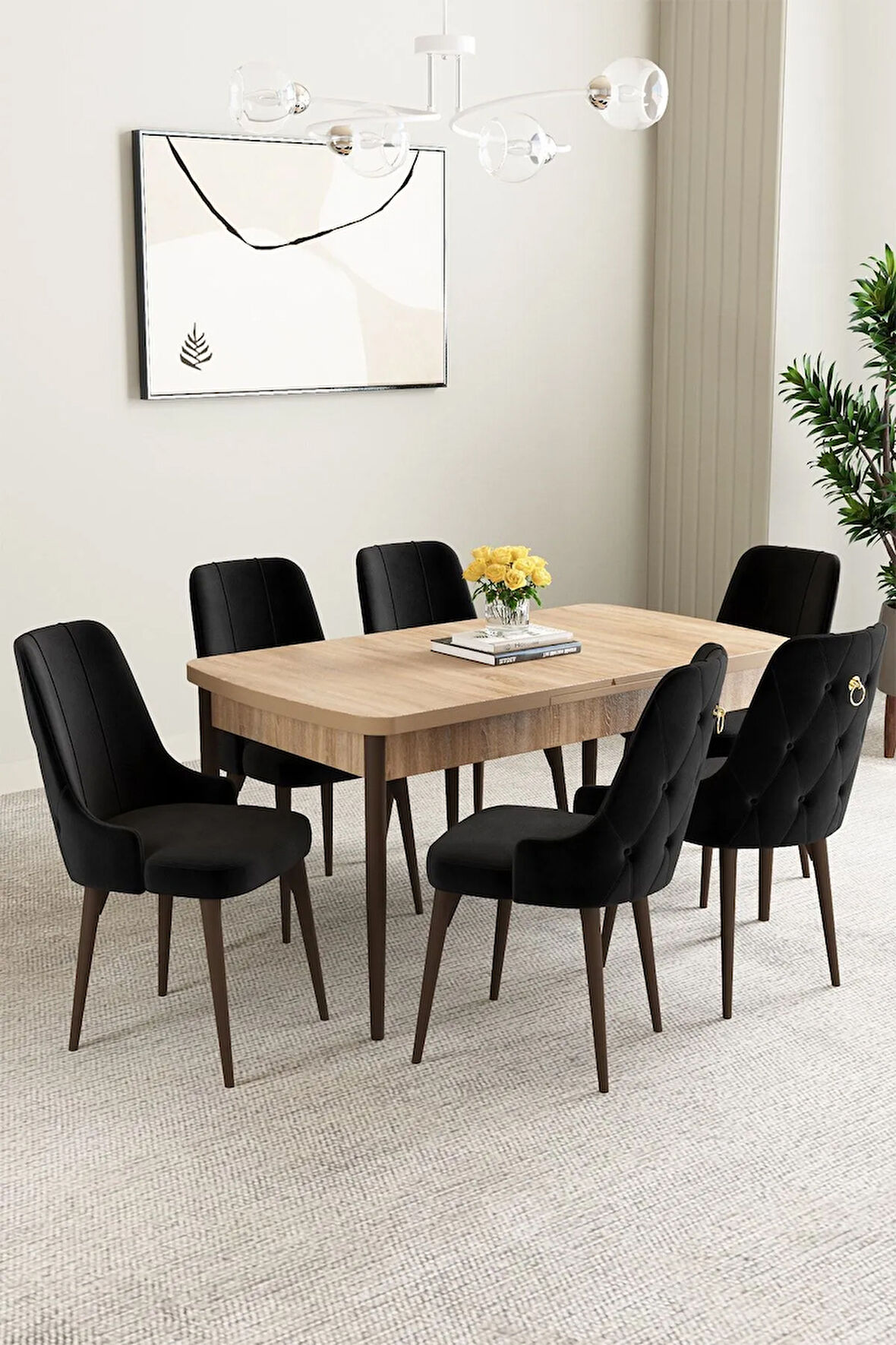 Milas Siyah Mermer Desen 80x132 MDF Açılabilir Mutfak Masası Takımı 4  Sandalye