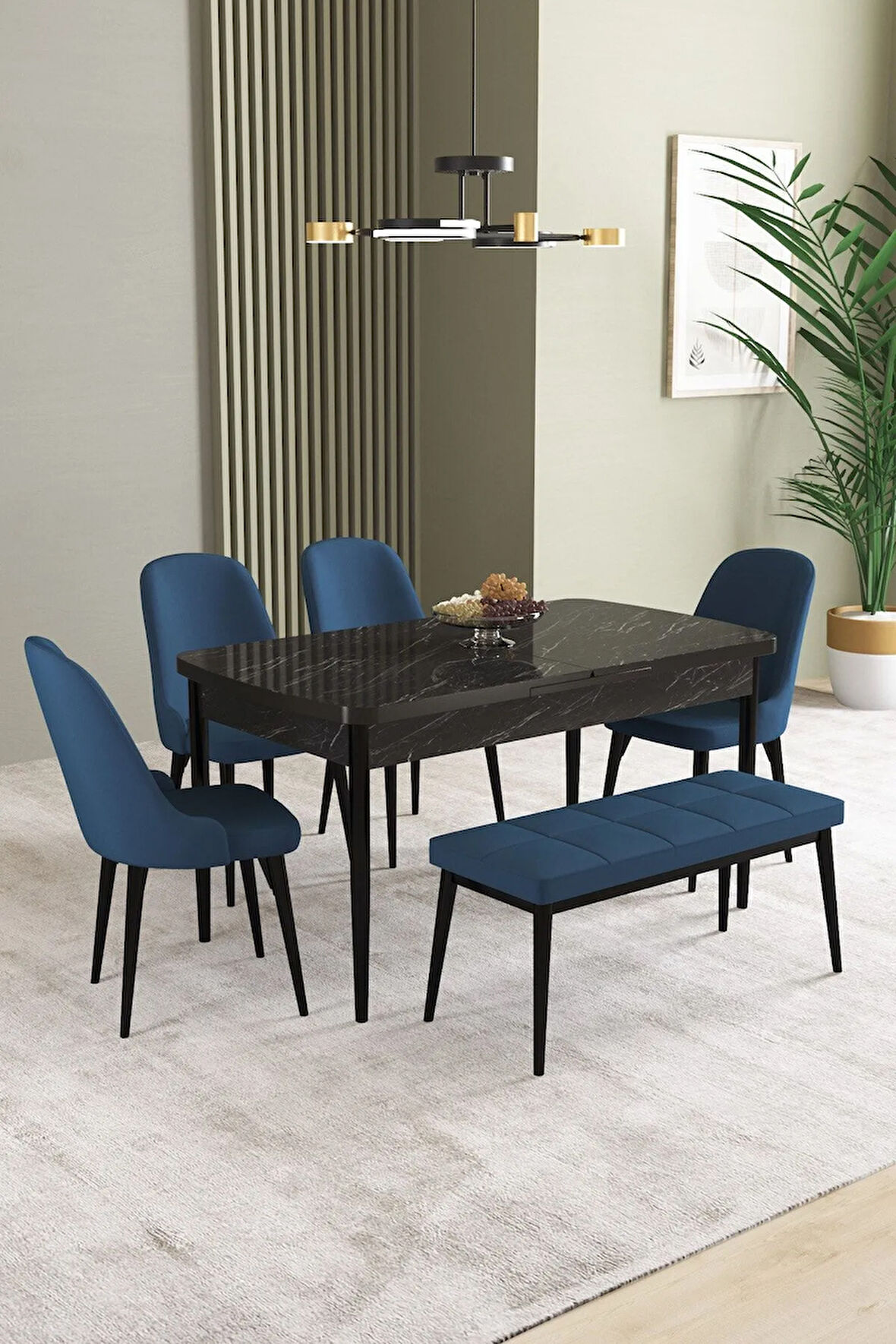 Milas Beyaz Mermer Desen 80x132 MDF Açılabilir Yemek Masası Takımı 4  Sandalye
