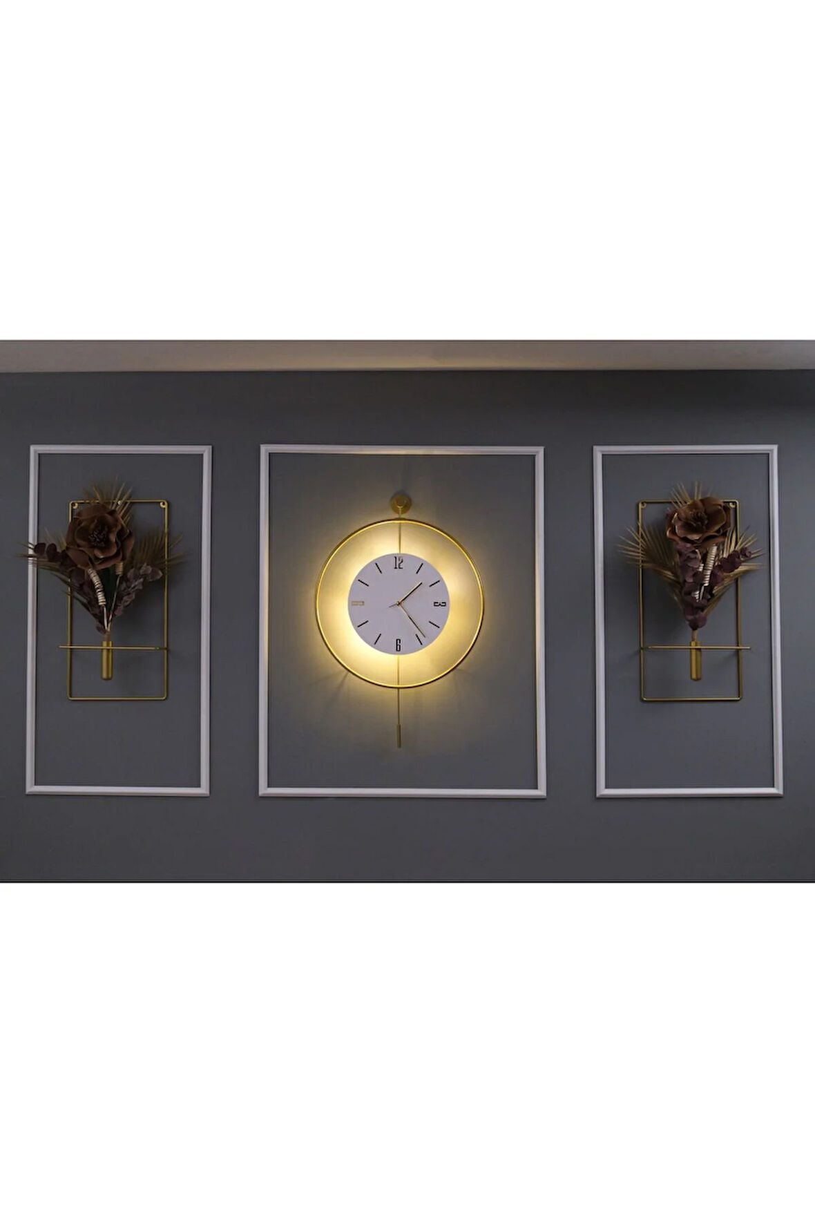 3'lü Gold Kristal Set - Büyük Boy (50X75CM) - Pilli Led - Modern (MOBİLYA) Duvar Saati