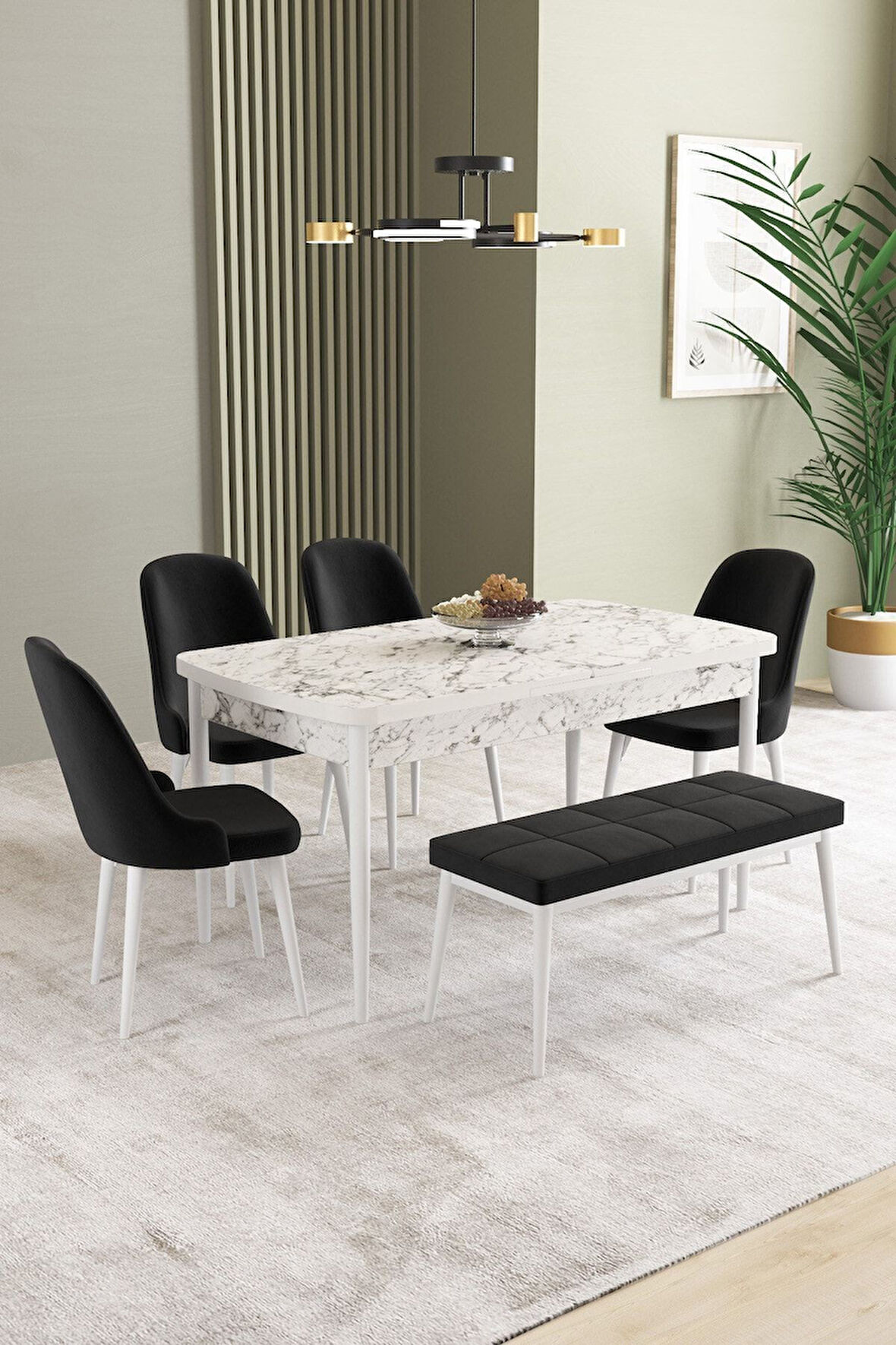 Ikon Beyaz Mermer 80x132 Açılabilir Mdf Masa Yemek Odası Takımı, Mutfak Takımı 4 Sandalye, 1 Bench