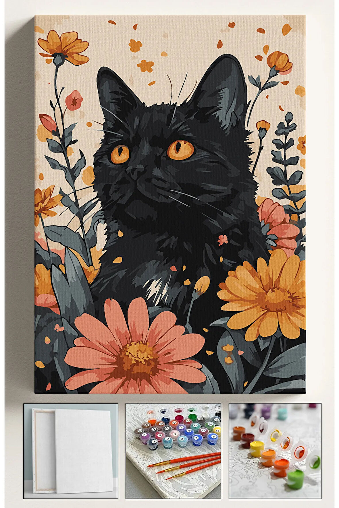 Sayılarla Boyama Seti Numaralı Tuval Fırça Boya Dahil Kasnaklı Set 40x50 Cm - SİYAH KEDİ VE ÇİÇEKLER