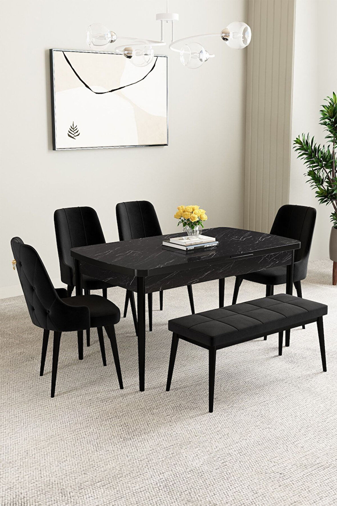 Mabel Siyah Mermer Desen 80x132 Açılabilir Mdf Masa Yemek Odası Takımı, Mutfak Takımı 4 Sandalye, 1 