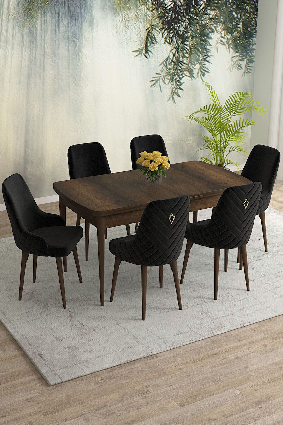 Meri Serisi Barok 80x132 Açılabilir Mdf Masa Yemek Odası Takımı, Mutfak Takımı 6 Adet Sandalye