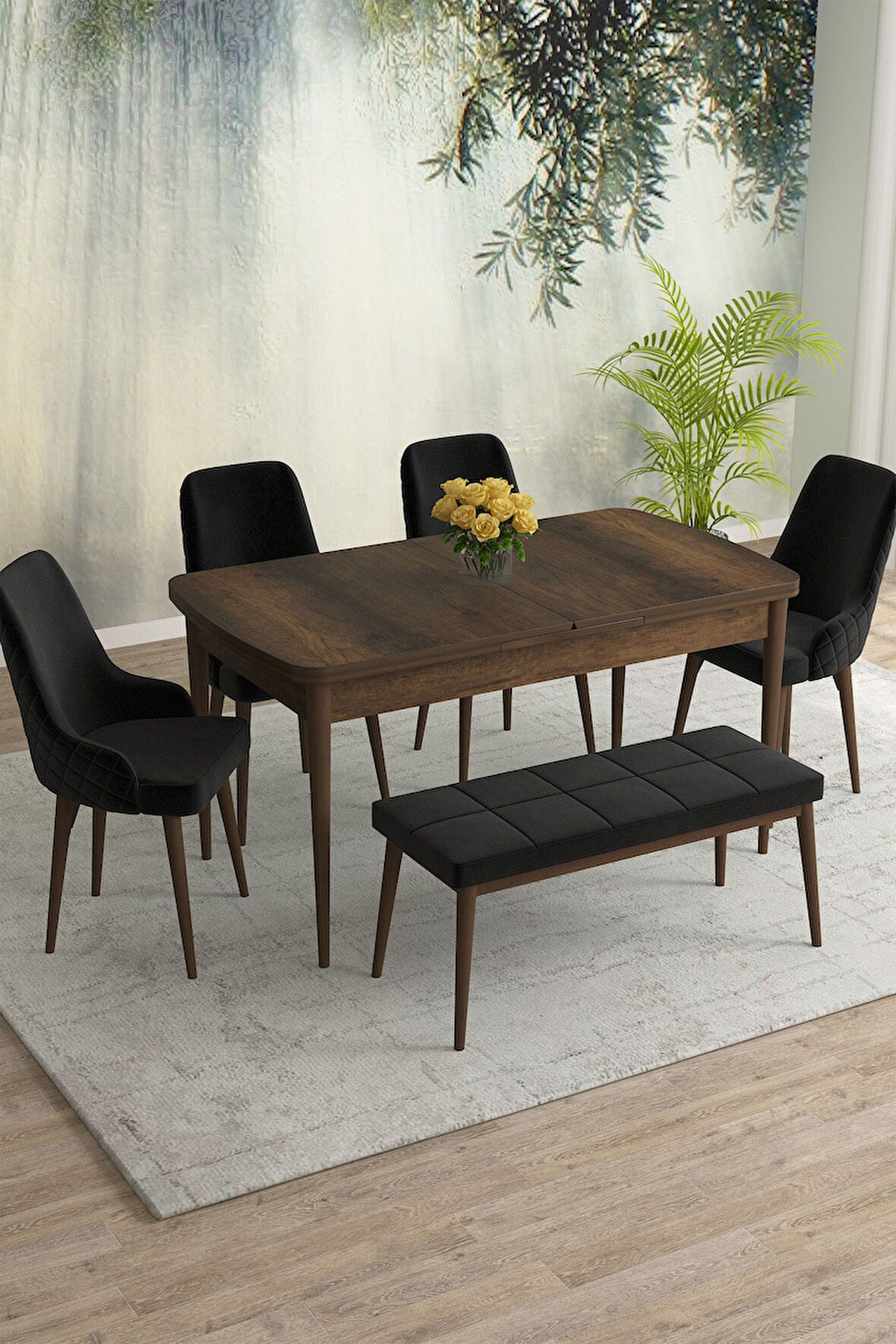 Meri Serisi Barok 80x132 Açılabilir Mdf Masa Yemek Odası Takımı, Mutfak Takımı 4 Sandalye 1 Bench