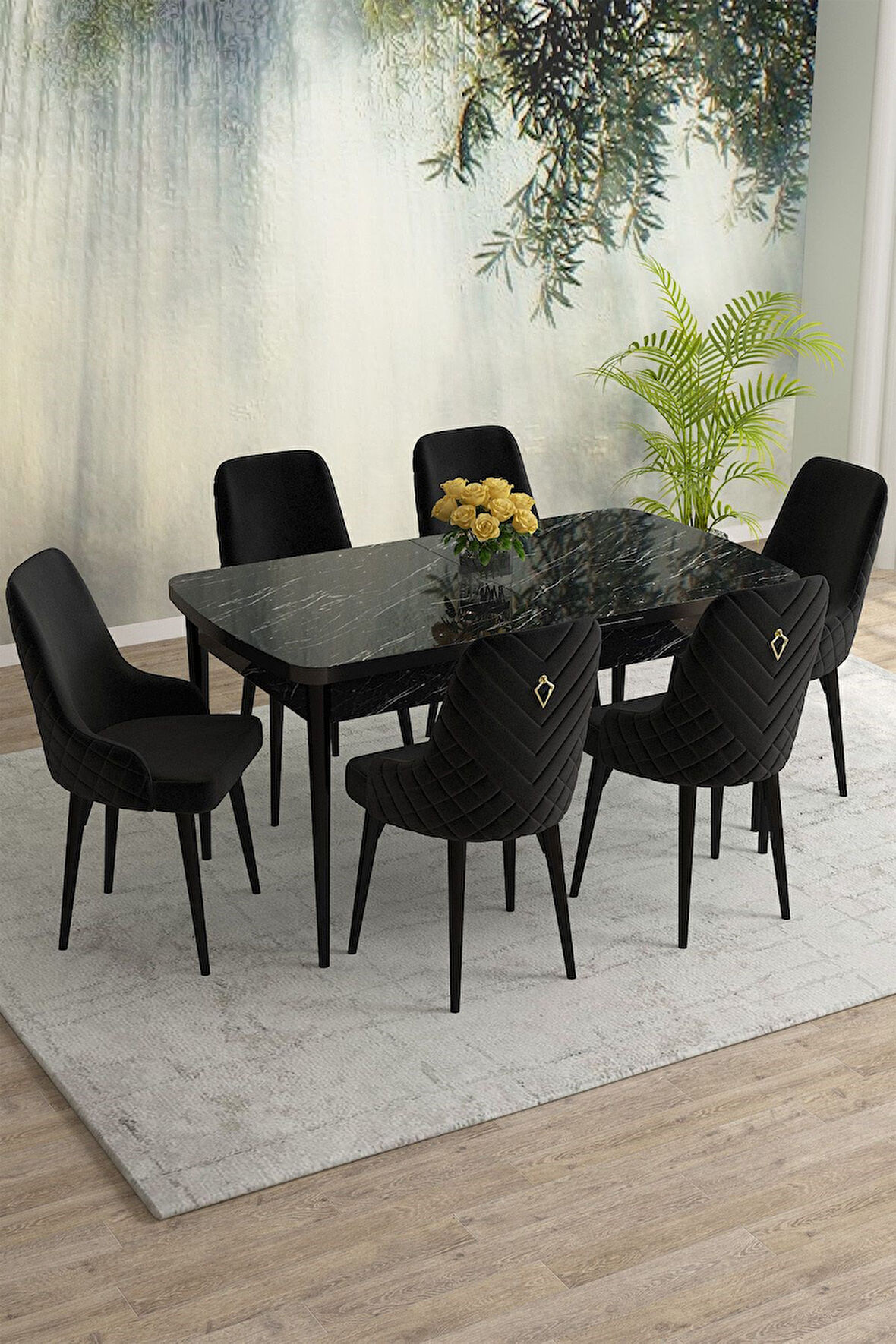 Meri Beyaz Mermer 80x132 Açılabilir Mdf Masa Yemek Odası Takımı,Mutfak Takımı 6 Adet Sandalye