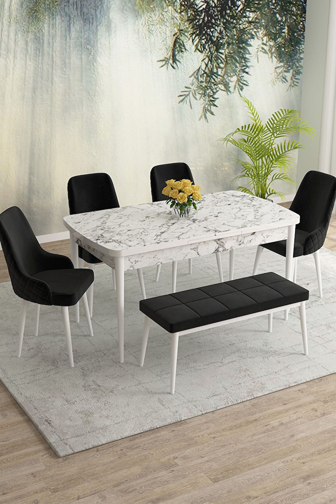 Meri Beyaz Mermer 80x132 Açılabilir Mdf Masa Yemek Odası Takımı,Mutfak Masa Takımı 4 Sandalye 1Bench