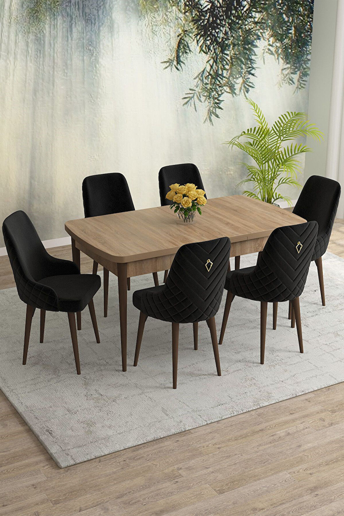 Meri Serisi Meşe Desen 80x132 Açılabilir Mdf Masa Yemek Odası Takımı, Mutfak Takımı 6 Adet Sandalye