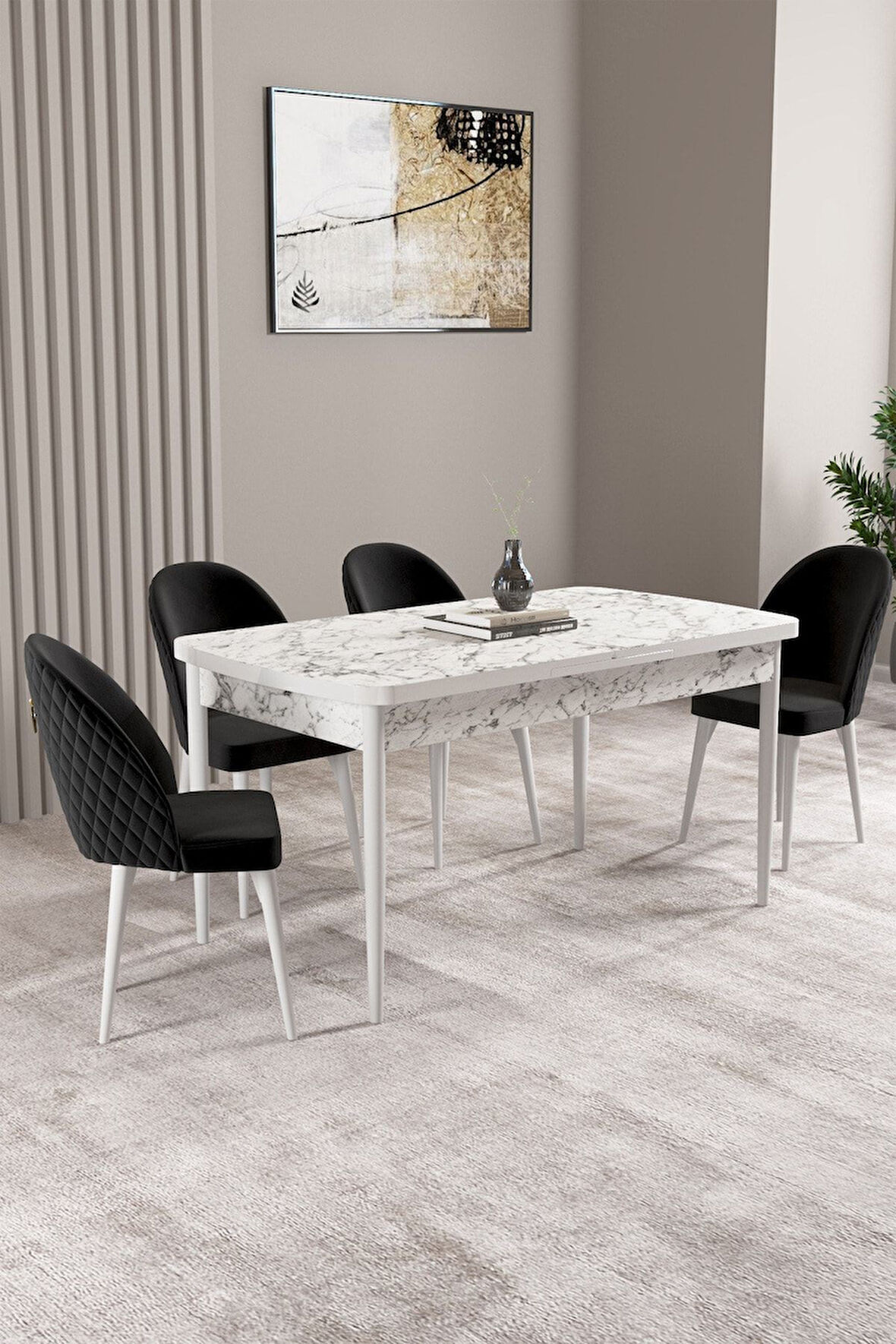 Milas Beyaz Mermer Desen 80x132 Açılabilir Mdf Masa Yemek Odası Takımı, Mutfak Takımı 4 Sandalye