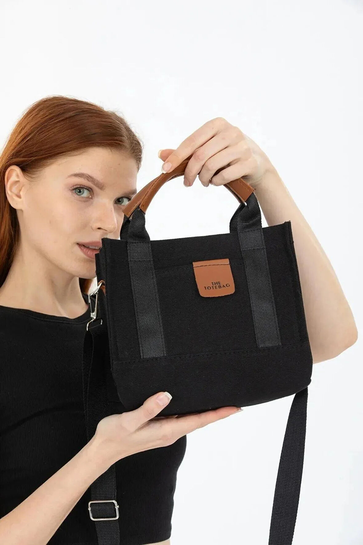Kadın Siyah Kanvas Çapraz Askılı Mini The Tote Bag El Omuz Çanta