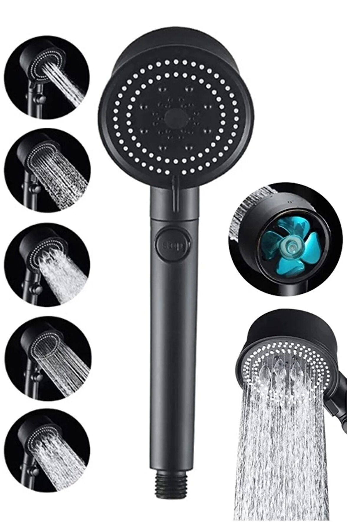 Moonshop Turbo Fan Pervaneli 5 Fonksiyonlu Siyah Duş Başlığı El Duşu