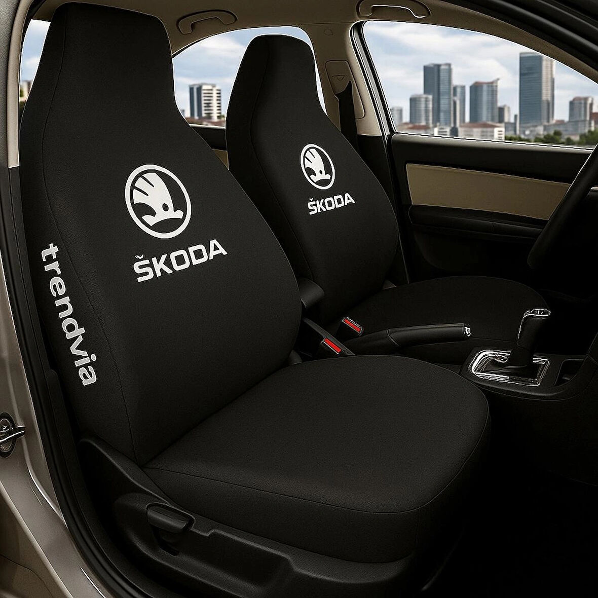 Skoda Siyah Renk Ön ve Arka Oto Koltuk Kılıfı Penye Servis Kılıfı Seti