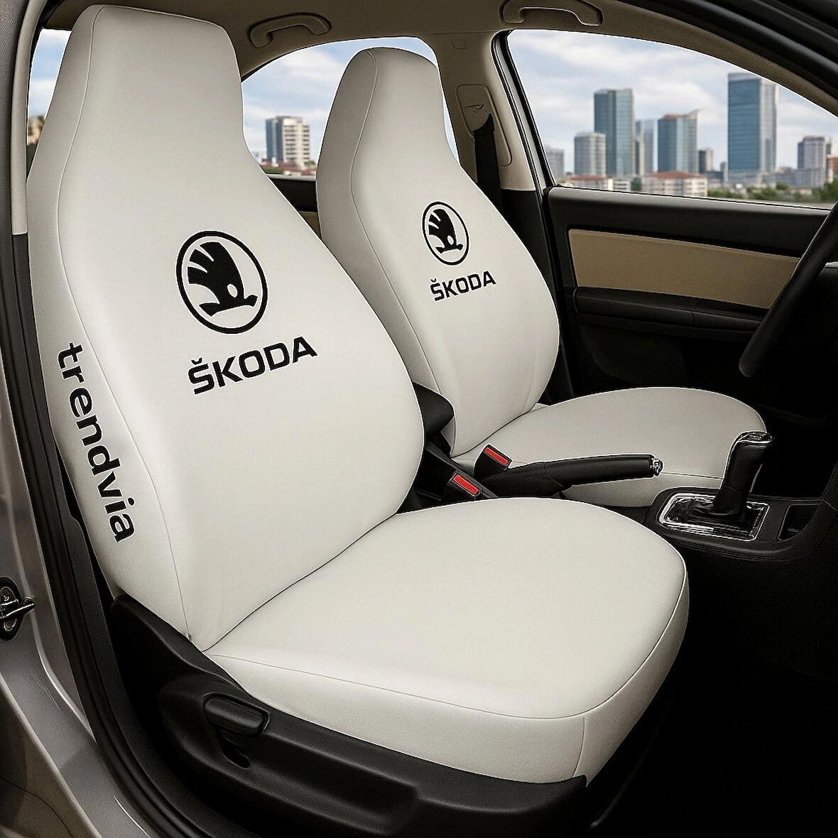 Skoda Beyaz Renk Ön ve Arka Oto Koltuk Kılıfı Penye Servis Kılıfı Seti