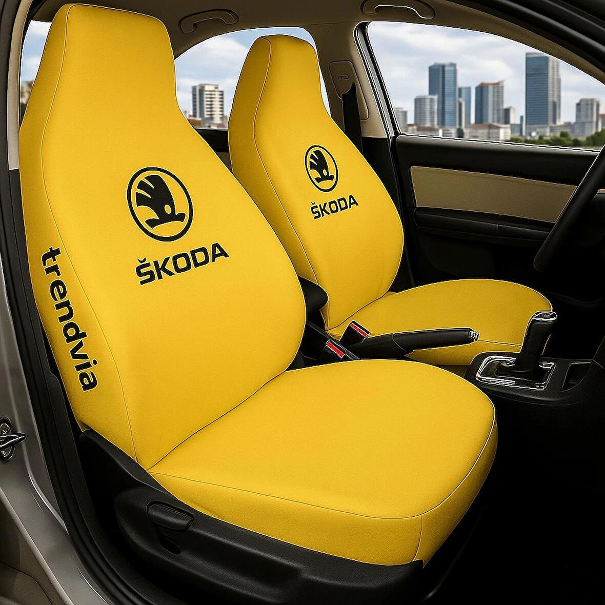 Skoda Sarı Renk Ön ve Arka Oto Koltuk Kılıfı Penye Servis Kılıfı Seti