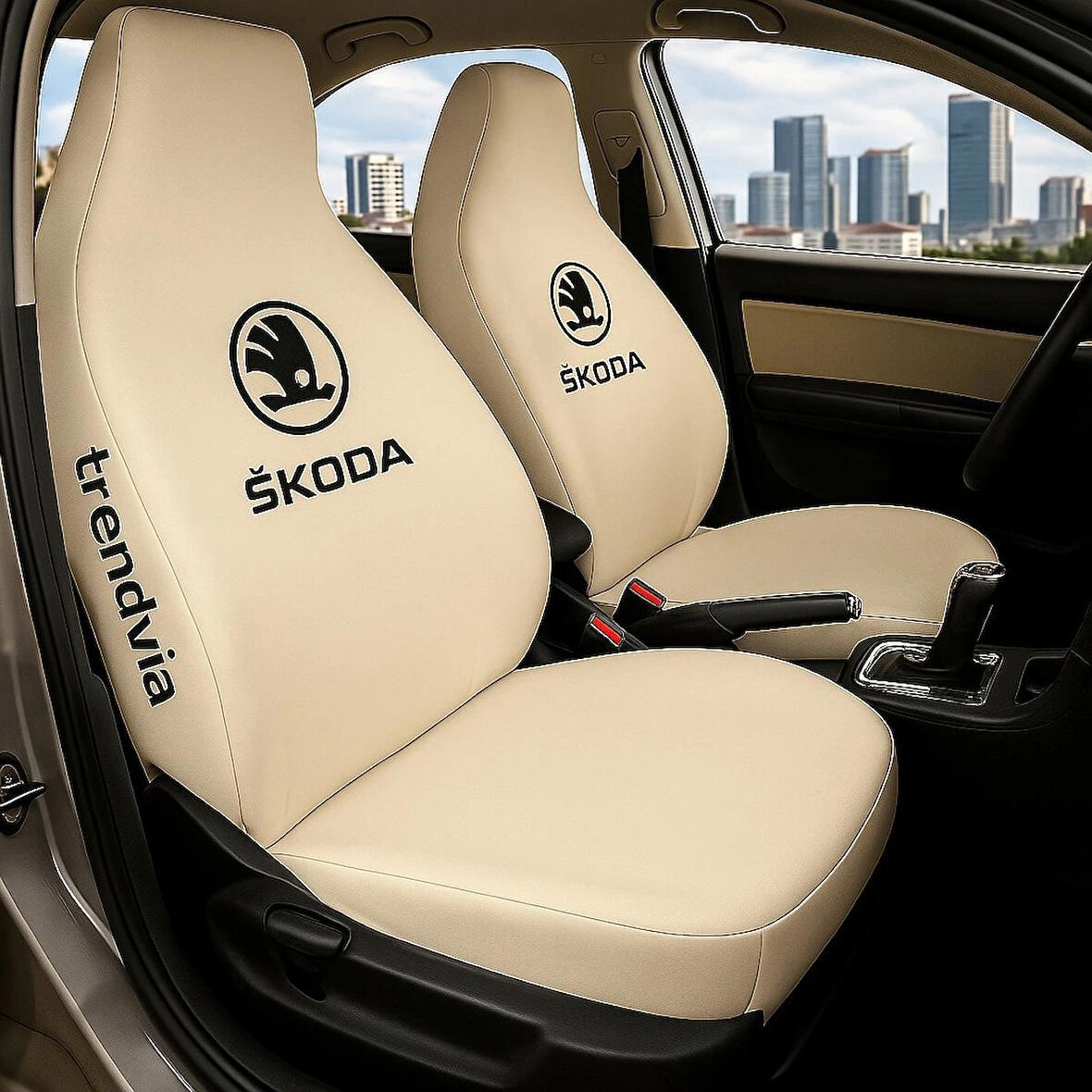 Skoda Bej Renk Ön ve Arka Oto Koltuk Kılıfı Penye Servis Kılıfı Seti