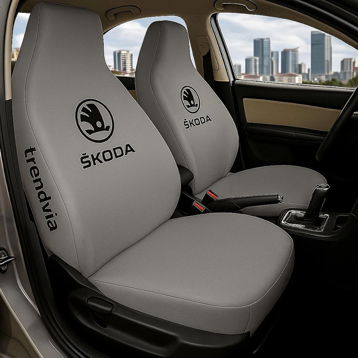 Skoda Gri Renk Ön ve Arka Oto Koltuk Kılıfı Penye Servis Kılıfı Seti