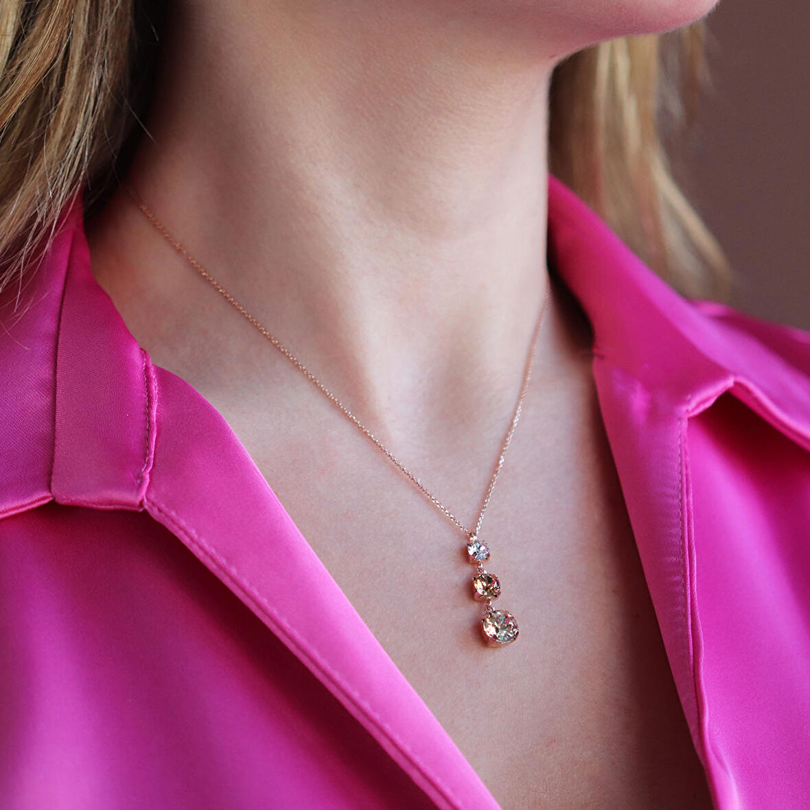 Renkli Swarovski Taşlı Rose Gold Kaplama Gümüş Kolye