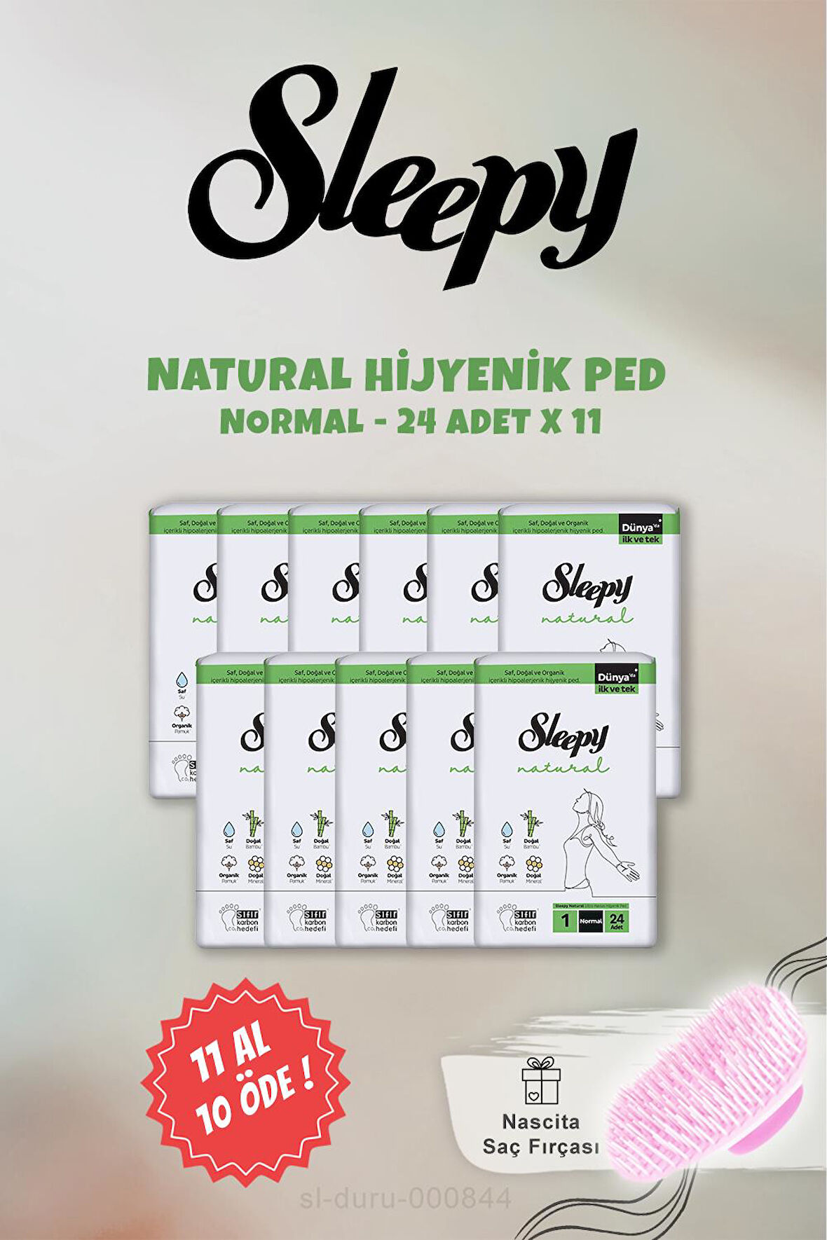 Sleepy Natural Hassas Hijyenik 24 lü Normal Ped 11 AL 10 ÖDE ve Şampuan Fırçası