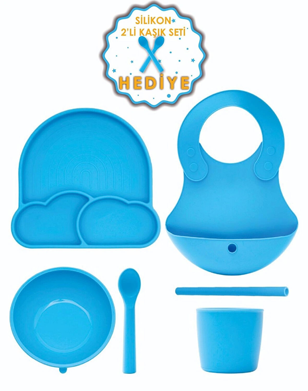 Babychefs %100 Premıum Silikon 6'lı Mama Seti Vakum Sistemli Mavi (Silikon 2'li Kaşık Seti Hediye)