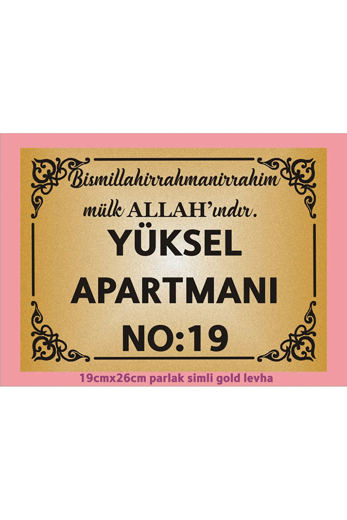 Besmele yazılı Apartman Kapısı İsimliği 26cm*19cm Simli Gold Aliminyum Levha