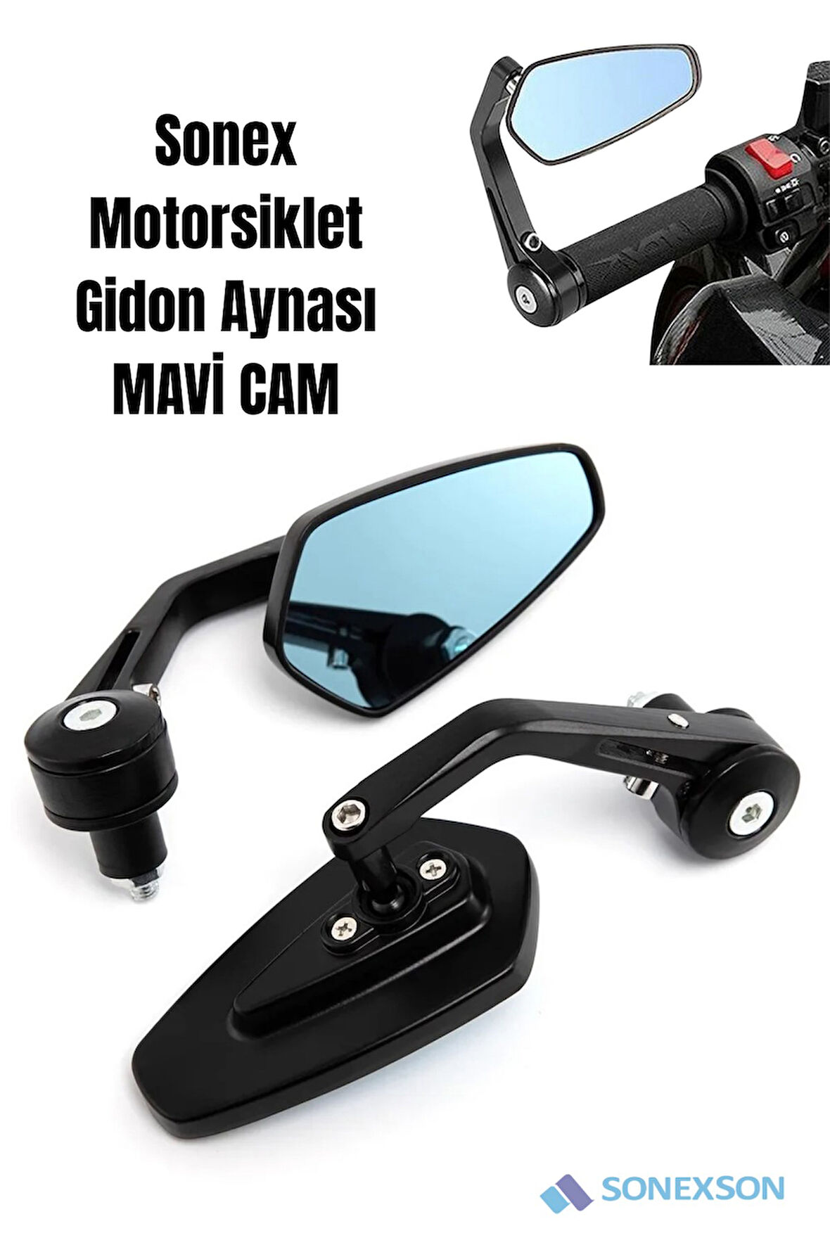 Motorsiklet Siyah Gidon Dikiz Aynası (Mavi Cam)