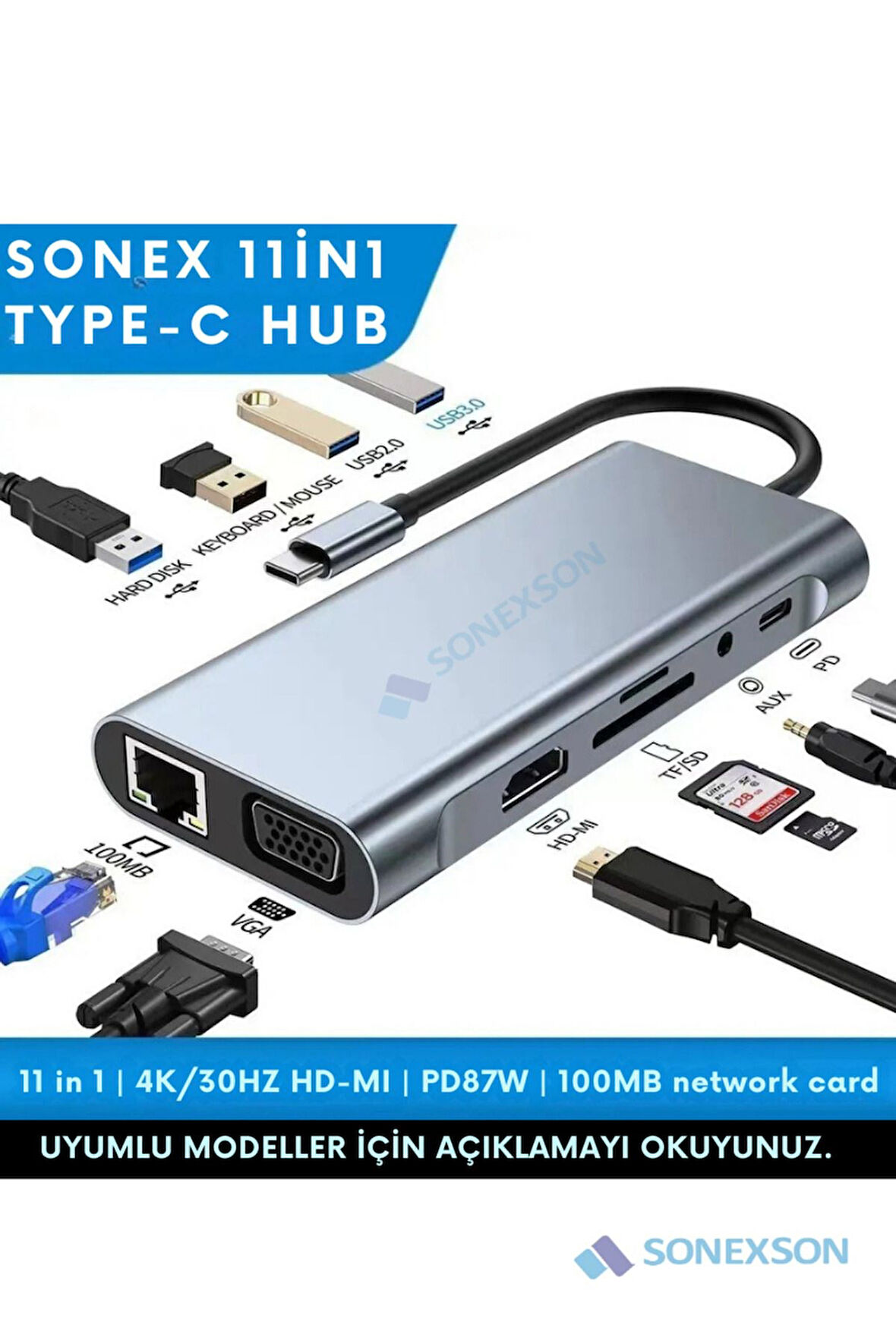 11 In 1 Type-c To Usb Hub Port Uyumlu Adaptör Hdmı 4x Usb Lan Vga Sd Card Çevirici Çoklayıcı