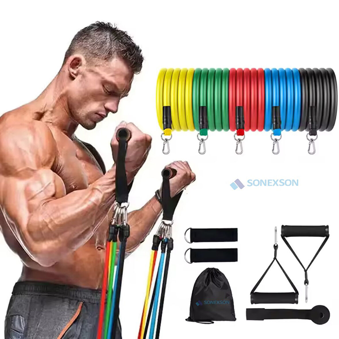 11 Parça Direnç Lastiği Seti Pilates Kondisyon Yoga Kardiyo Aerobik Fitness Egzersiz Direnç Lastik
