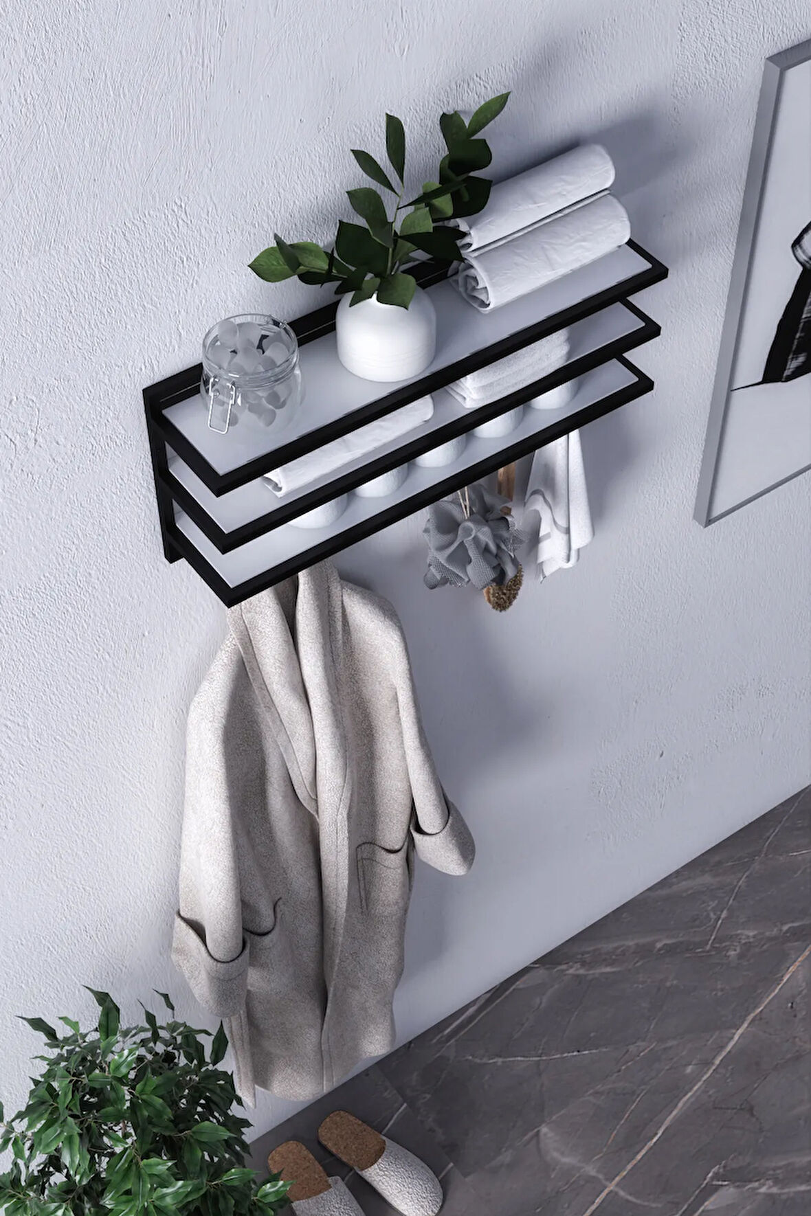 Sofya 2 Katlı Beyaz Raflı Askılık, Portmanto (63 CM - 6 ASKI)