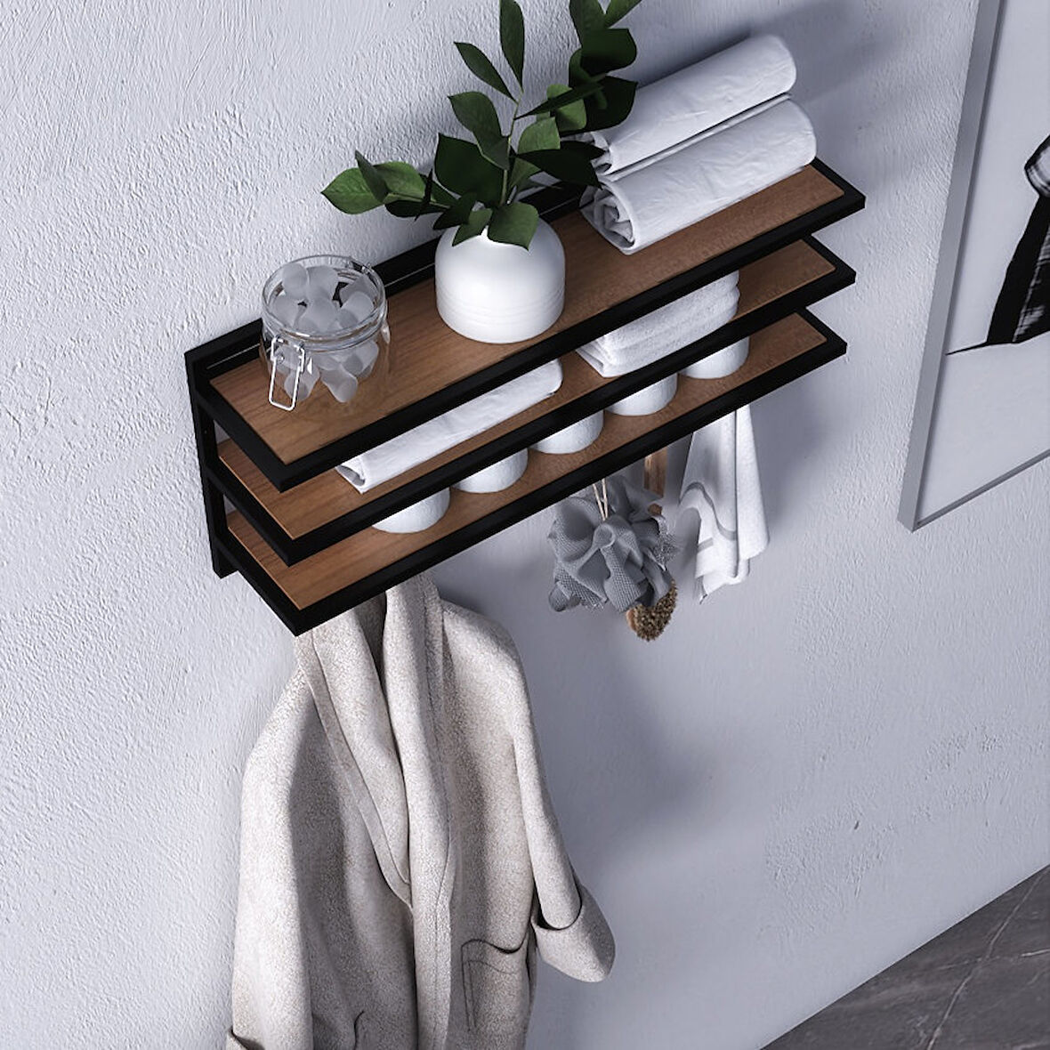 Sofya 2 Katlı Ceviz Raflı Askılık, Portmanto (53 CM - 5 ASKI)