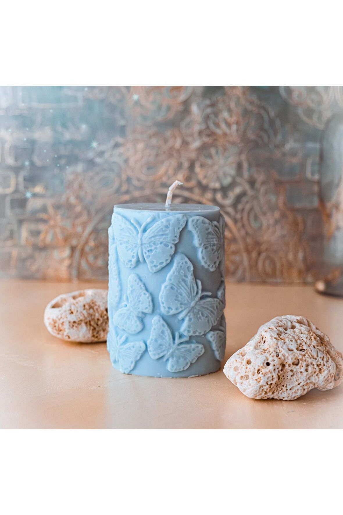 Kelebek Motifli Mavi Renk Kokulu Baton Soya Wax Mum